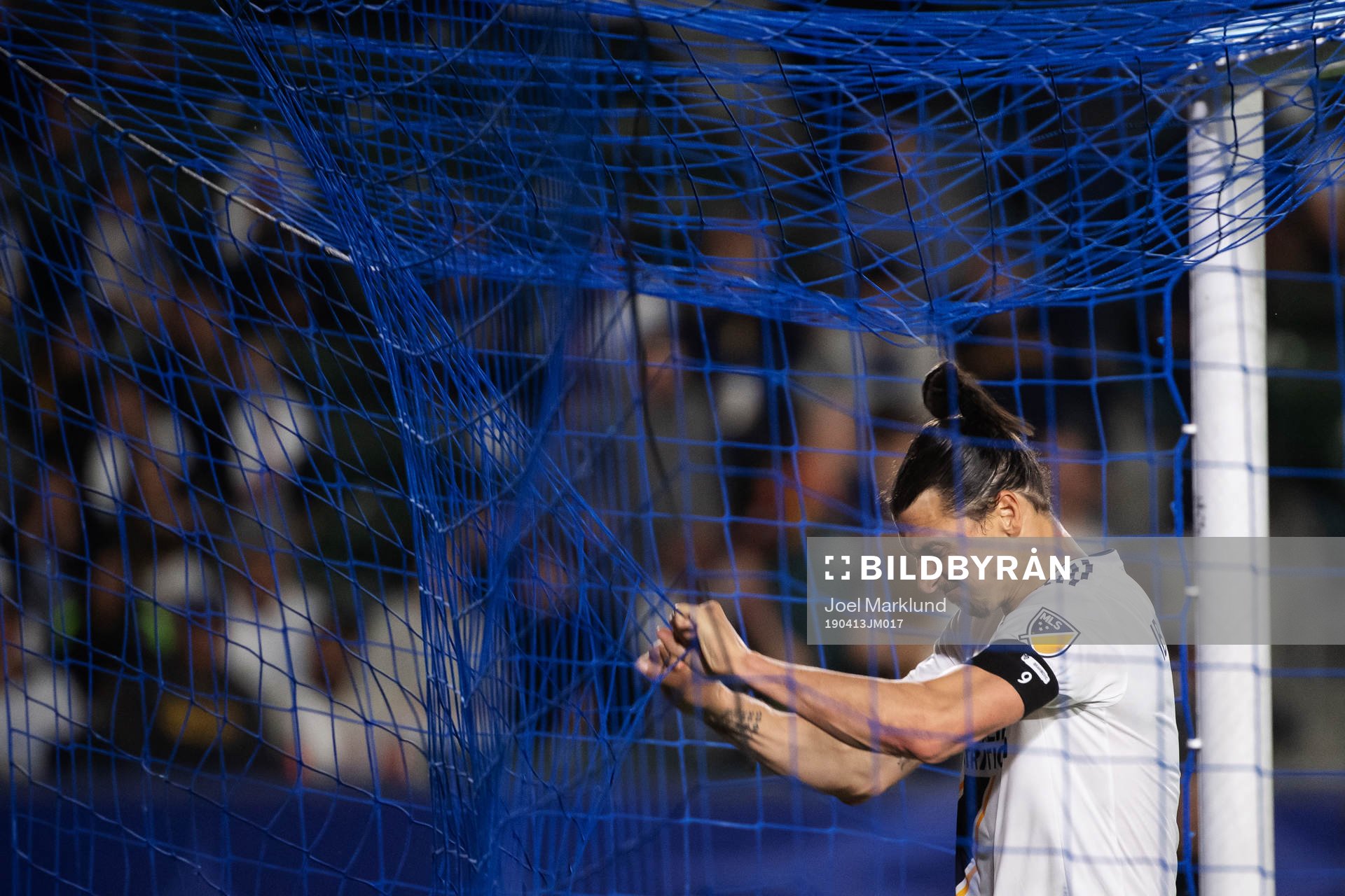 Zlatan Ibrahimovic of LA Galaxy rips the net of a goal