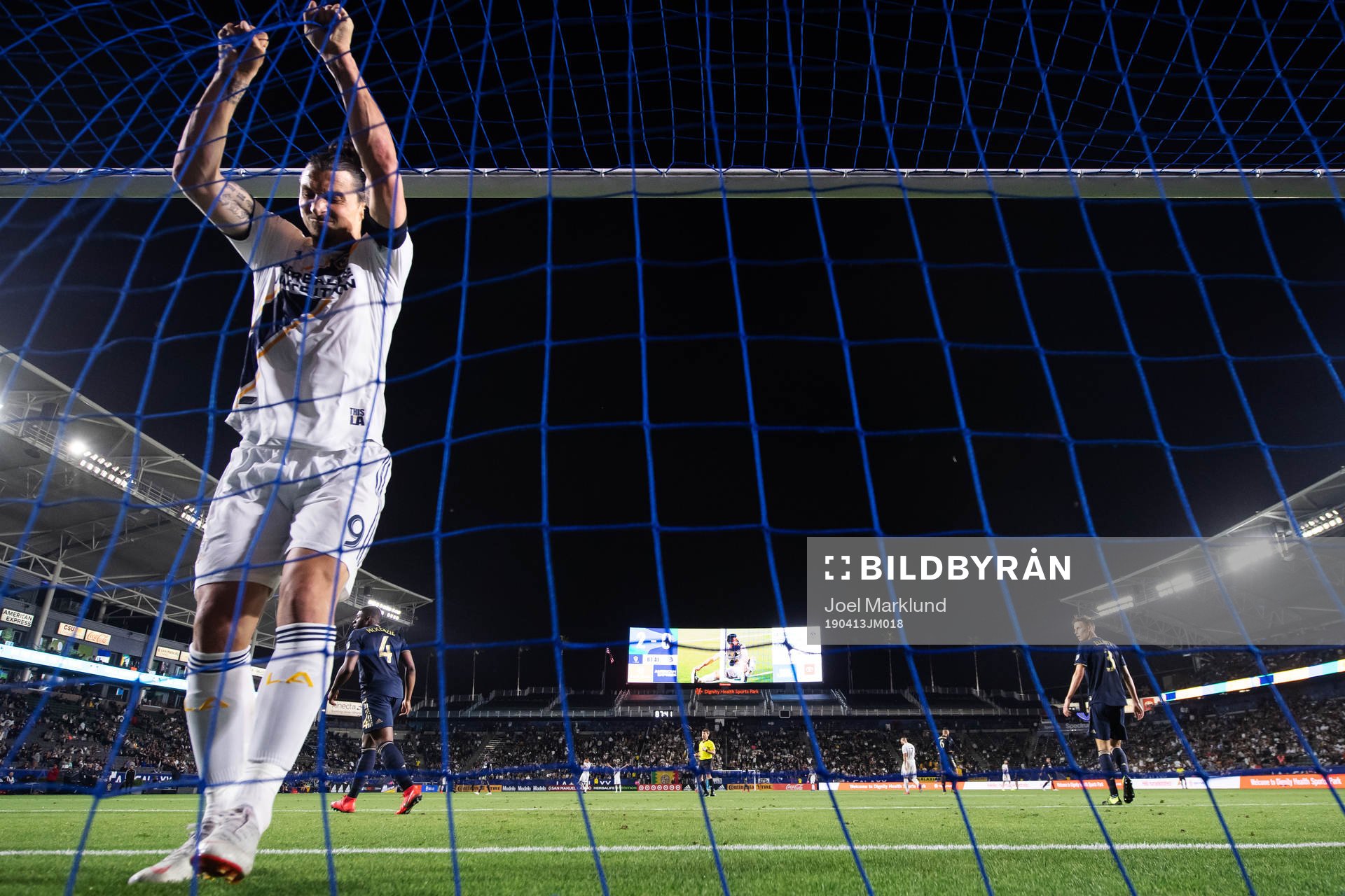 Zlatan Ibrahimovic of LA Galaxy rips the net of a goal