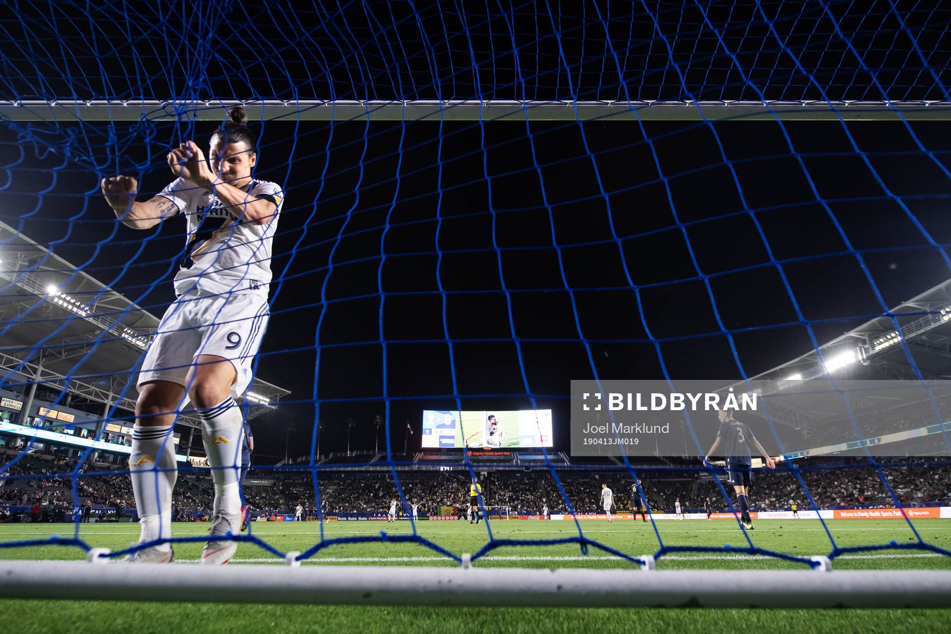 Zlatan Ibrahimovic of LA Galaxy rips the net of a goal