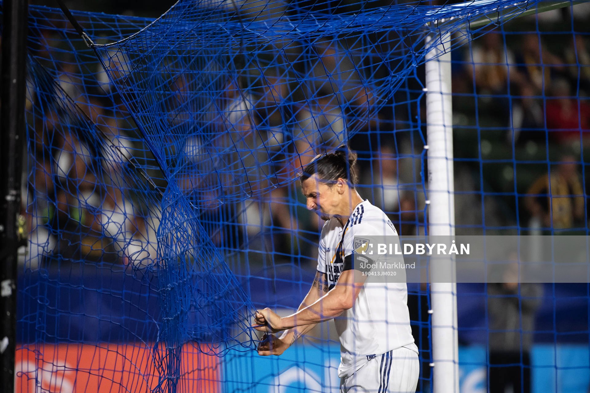 Zlatan Ibrahimovic of LA Galaxy rips the net of a goal