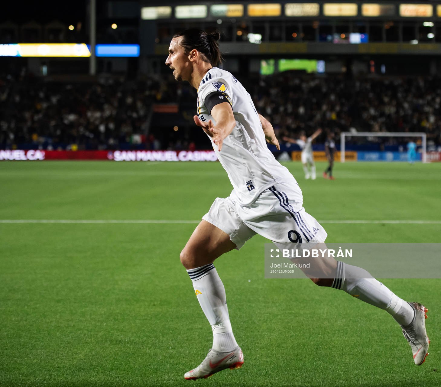 Zlatan Ibrahimovic of LA Galaxy celebrates after scoring 1-0 during the MLS regular season football match between LA Galaxy and Philadelphia Union on April 13, 2019 in Los Angeles.
