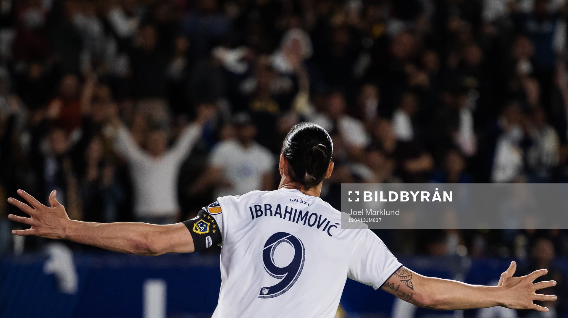 Zlatan Ibrahimovic of LA Galaxy celebrates after scoring 1-0 during the MLS regular season football match between LA Galaxy and Philadelphia Union on April 13, 2019 in Los Angeles.