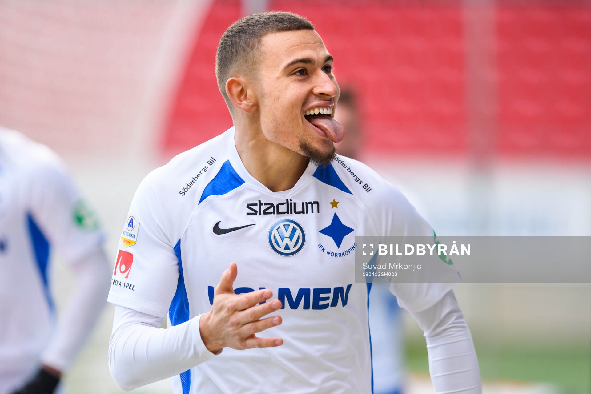 IFK Norrköpings Jordan Larsson jublar efter 0-1 målet under fotbollsmatchen i Allsvenskan mellan Kalmar och Norrköping den 13 april 2019 i Kalmar.