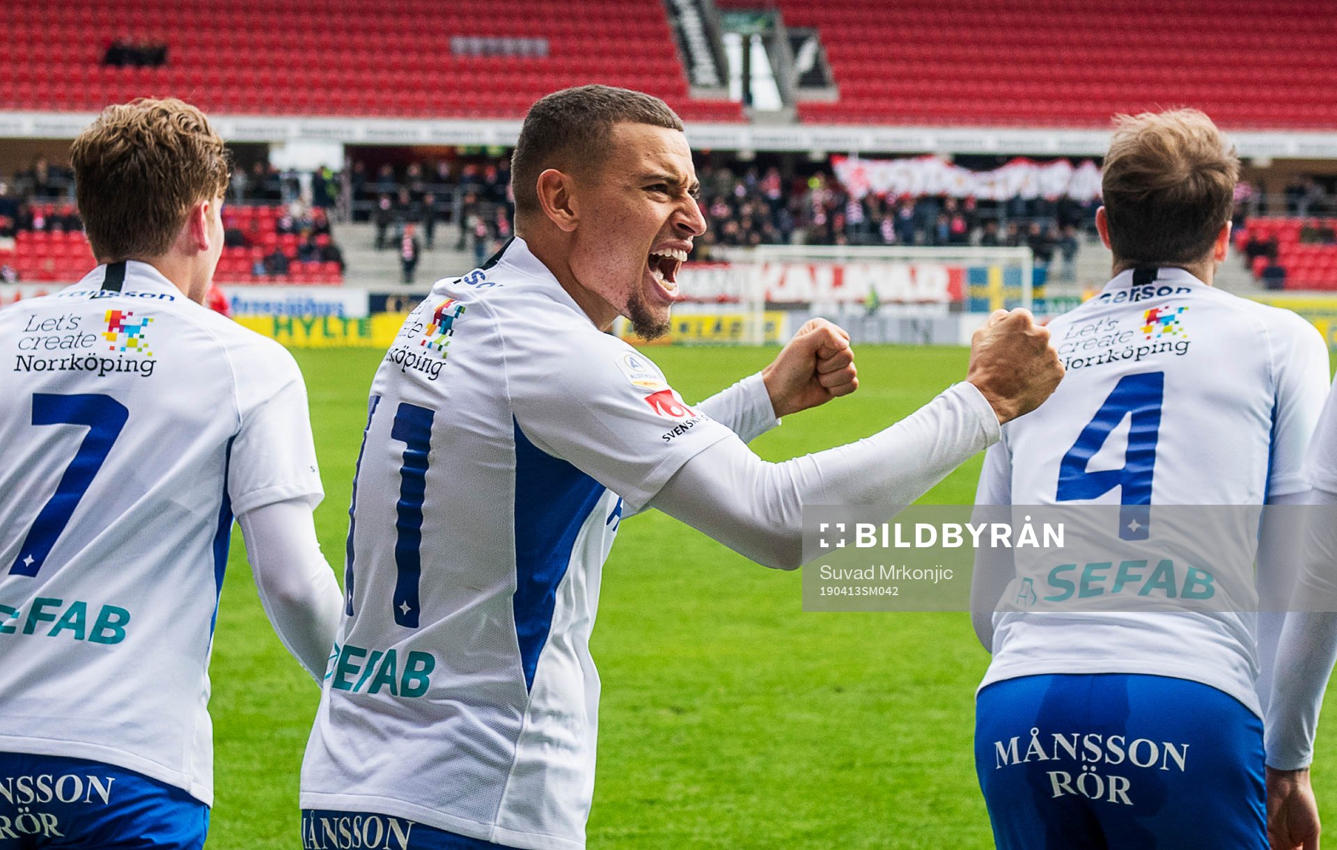 IFK Norrköpings Jordan Larsson jublar efter 0-1 målet under fotbollsmatchen i Allsvenskan mellan Kalmar och Norrköping den 13 april 2019 i Kalmar.