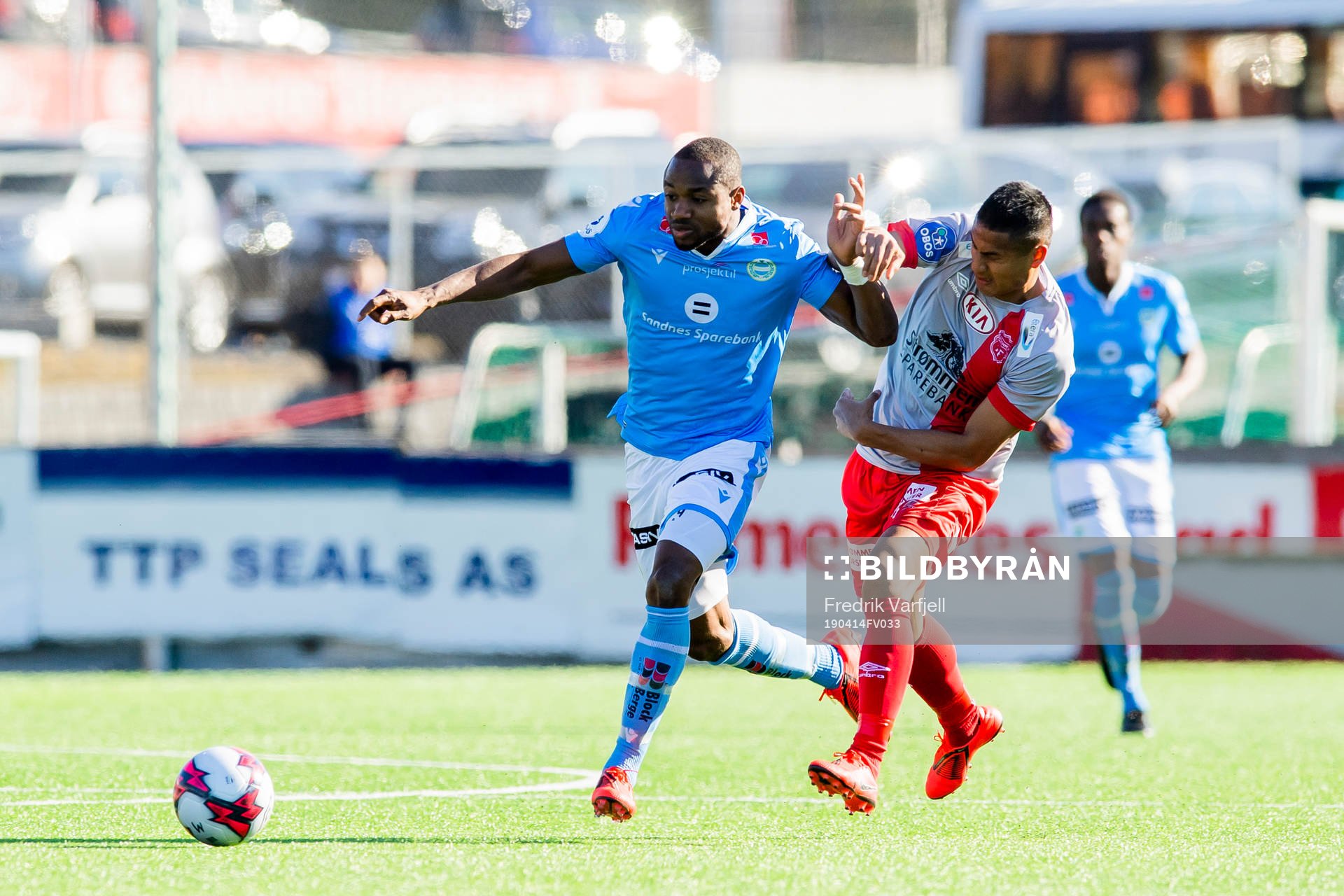 Kachi of Sandnes Ulf and Sverre Bjørkkjær of Strømmen during the OBOS-ligaen match between Strømmen and Sandnes Ulf on April 14, 2019 in Strømmen.