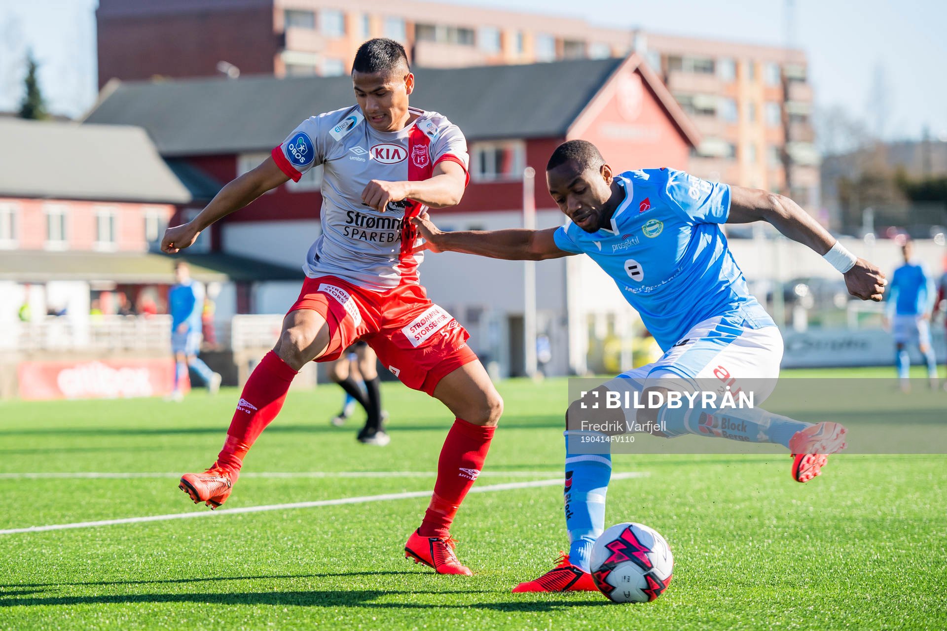 Sverre Bjørkkjær of Strømmen and Kachi of Sandnes Ulf during the OBOS-ligaen match between Strømmen and Sandnes Ulf on April 14, 2019 in Strømmen.