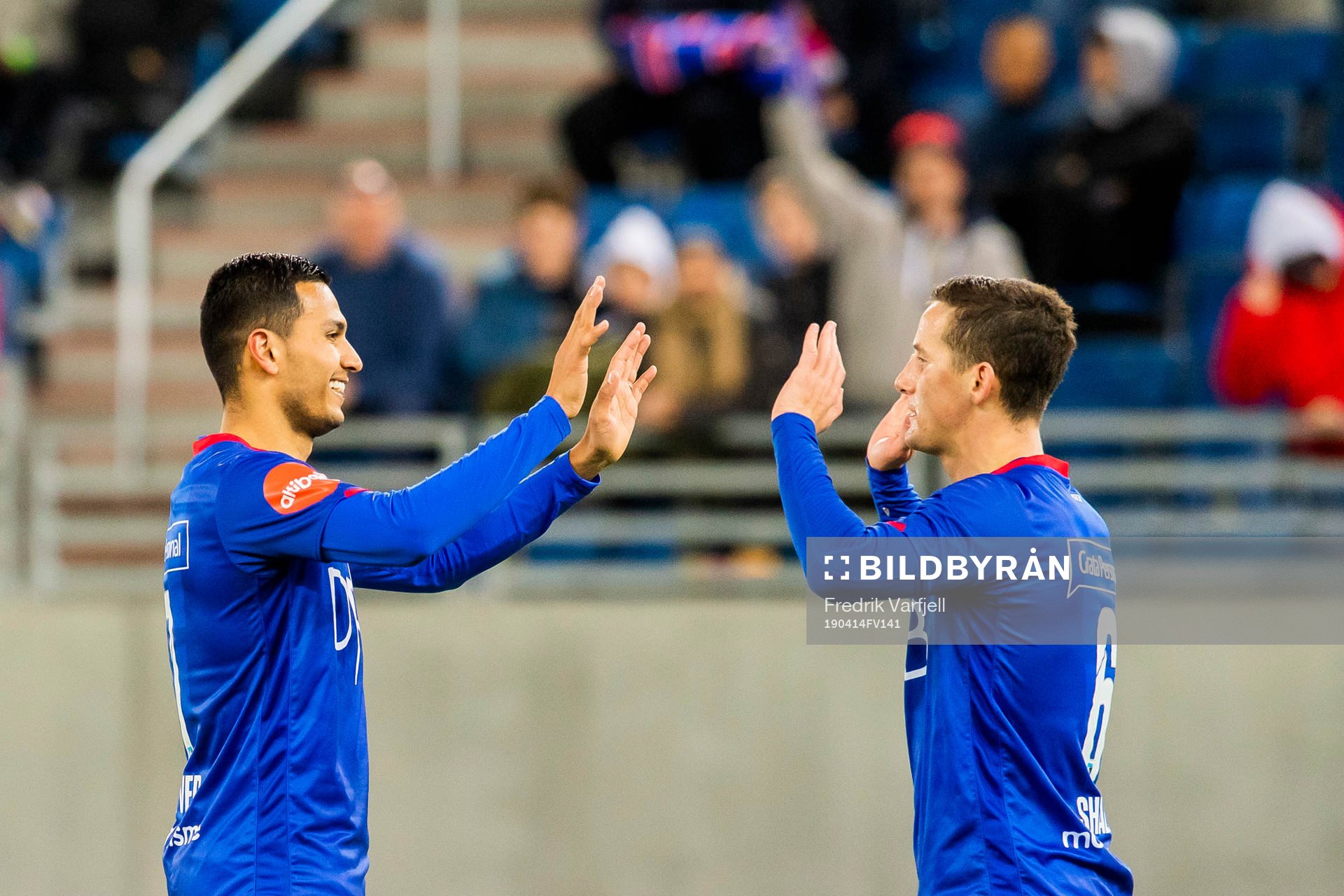 Deyver Vega and Herolind Shala of Vålerenga celebrate