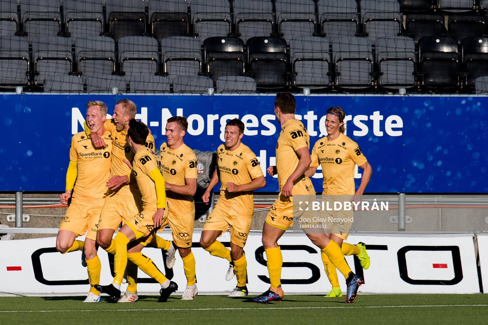Vegard Amundsen Bergan of Bodø/Glimt celebrates with teammates after 2-0 during the Eliteserien match between Bodø/Glimt and Molde on April 14, 2019 in Bodø.