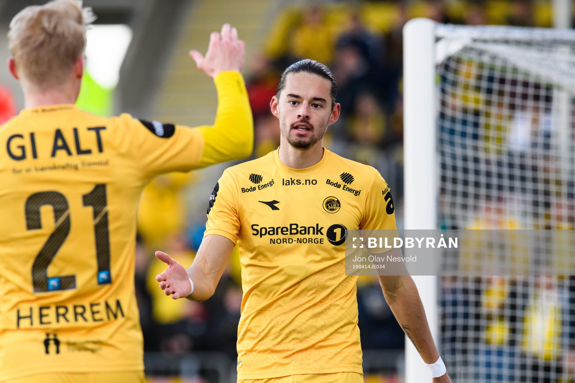 Geir André Herrem and Amor Layoni of Bodø/Glimt celebrates during the Eliteserien match between Bodø/Glimt and Molde on April 14, 2019 in Bodø.