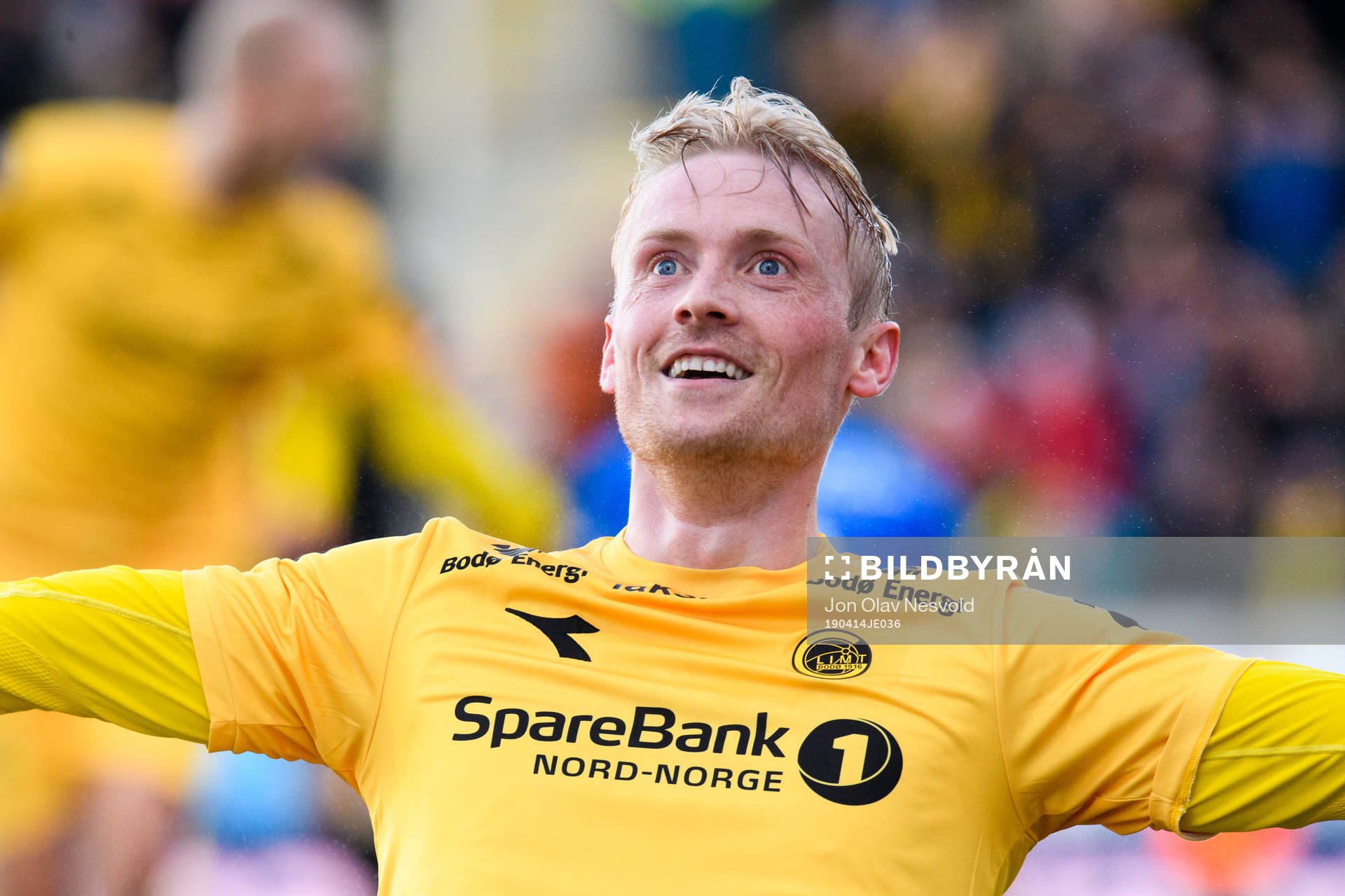 Geir André Herrem of Bodø/Glimt celebrates after his 3-0 goal during the Eliteserien match between Bodø/Glimt and Molde on April 14, 2019 in Bodø.