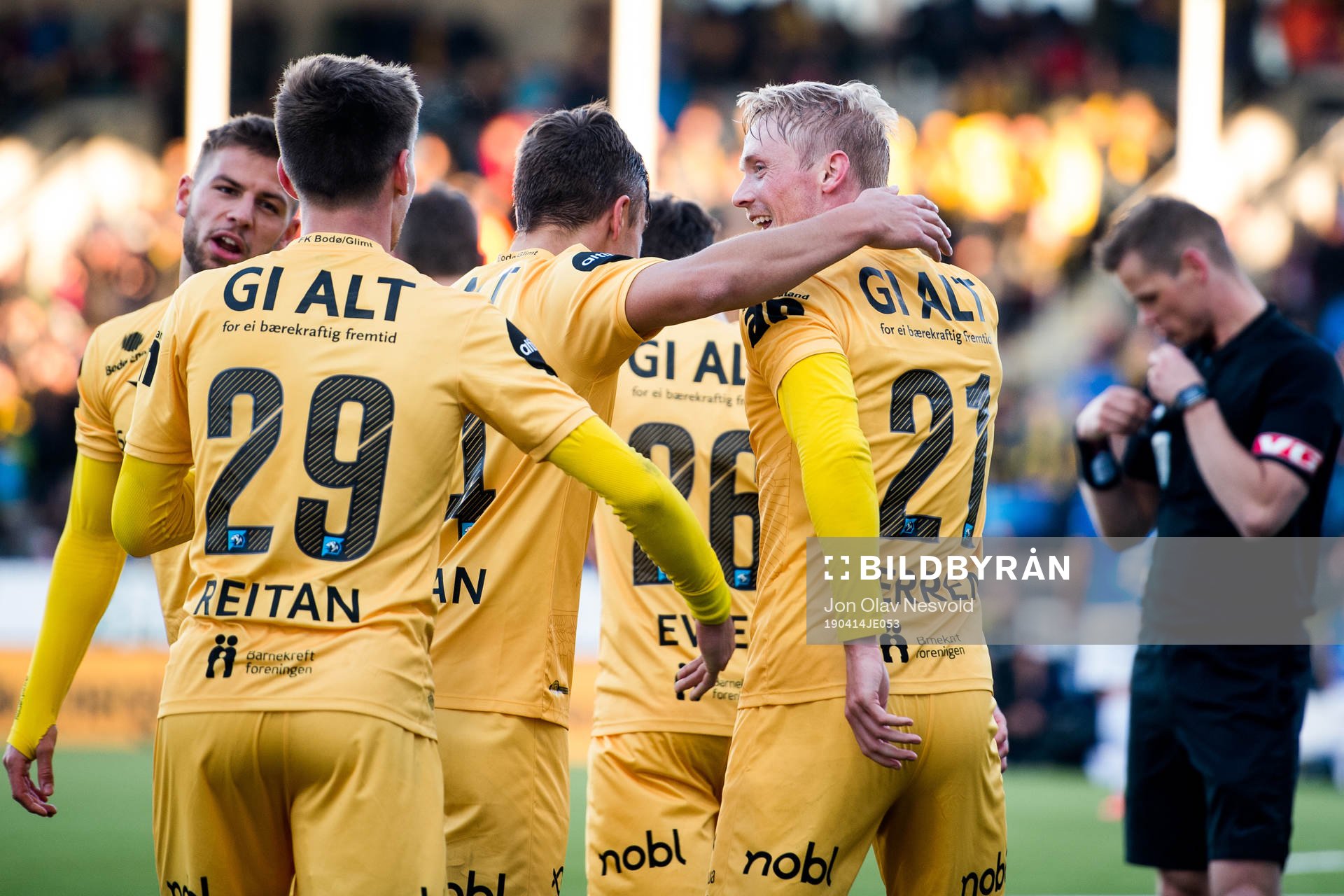 Geir André Herrem of Bodø/Glimt celebrates with teammates after scoring the 3-0 goal during the Eliteserien match between Bodø/Glimt and Molde on April 14, 2019 in Bodø.