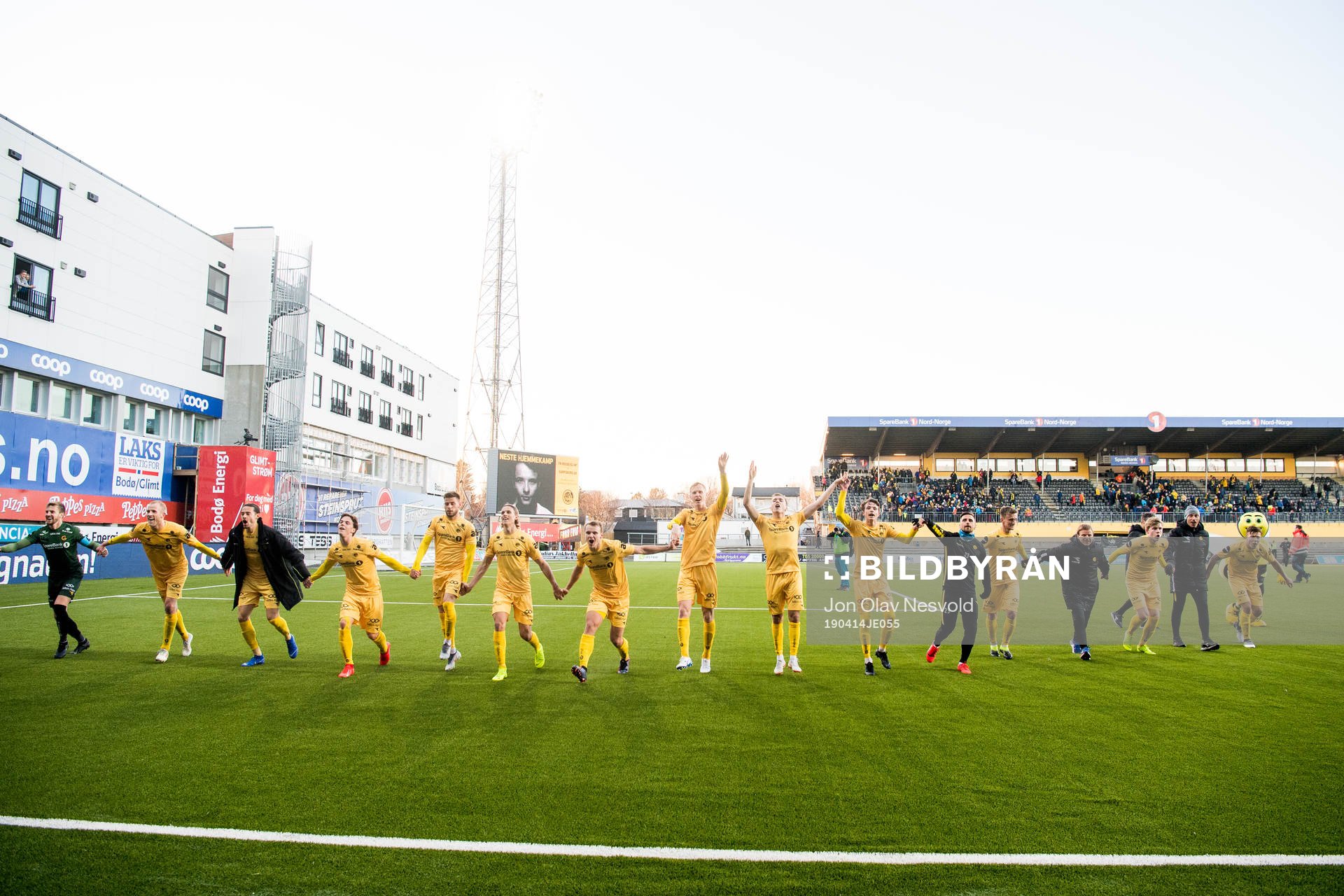 The players of Bodø/Glimt celebrate after the Eliteserien match between Bodø/Glimt and Molde on April 14, 2019 in Bodø.