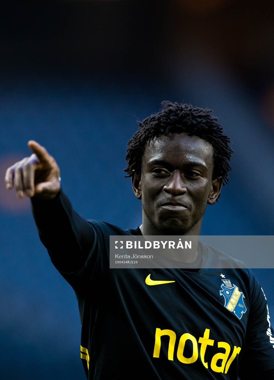 AIK:s Jack Lahne jublar efter fotbollsmatchen i Allsvenskan mellan AIK och Sirius den 14 april 2019 i Stockholm. 