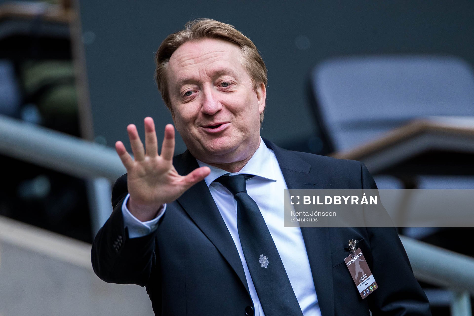 AIK:s pressansvarige Stefan Mellerborg på läktaren inför fotbollsmatchen i Allsvenskan mellan AIK och Sirius den 14 april 2019 i Stockholm. 