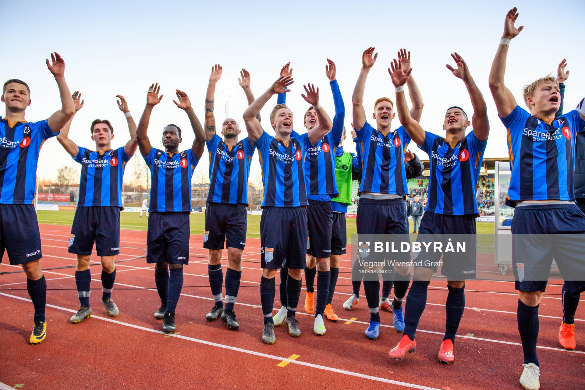 Tobias Børkeeiet, Franck Boli, Vadim Demidov, Ola Brynhildsen and the players of Stabæk celebrates after the Eliteserien football match between Stabæk and Rosenborg on April 14, 2019 in Bekkestua.