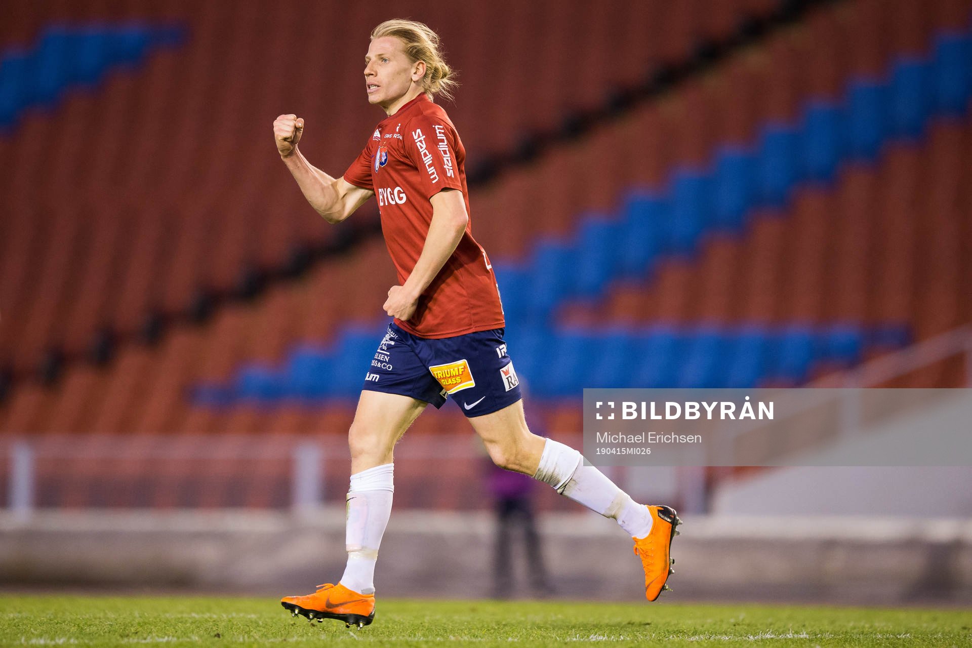Örgrytes Gustav Ludwigson jublar efter 2-0 under fotbollsmatchen i Superettan mellan Örgryte och Frej den 15 april 2019 i Göteborg.