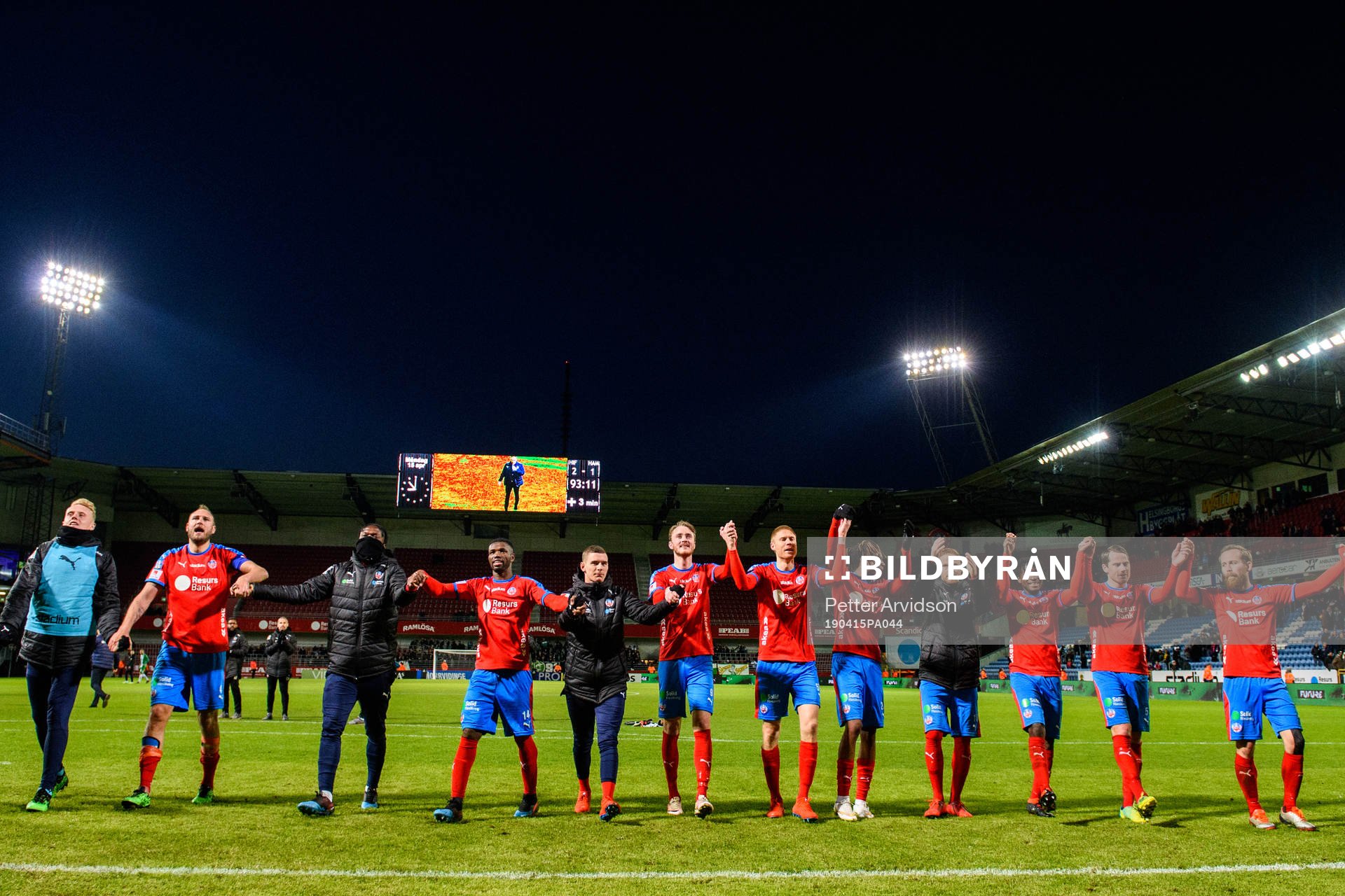 Helsingborgs spelare jublar efter fotbollsmatchen i Allsvenskan mellan Helsingborg och Hammarby den 15 april 2019 i Helsingborg.