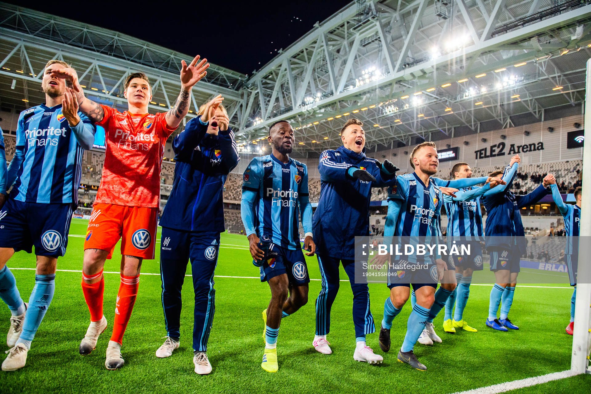 Djurgårdens spelare jublar efter  fotbollsmatchen i Allsvenskan mellan Djurgården och IFK Göteborg den 15 april 2019 i Stockholm.