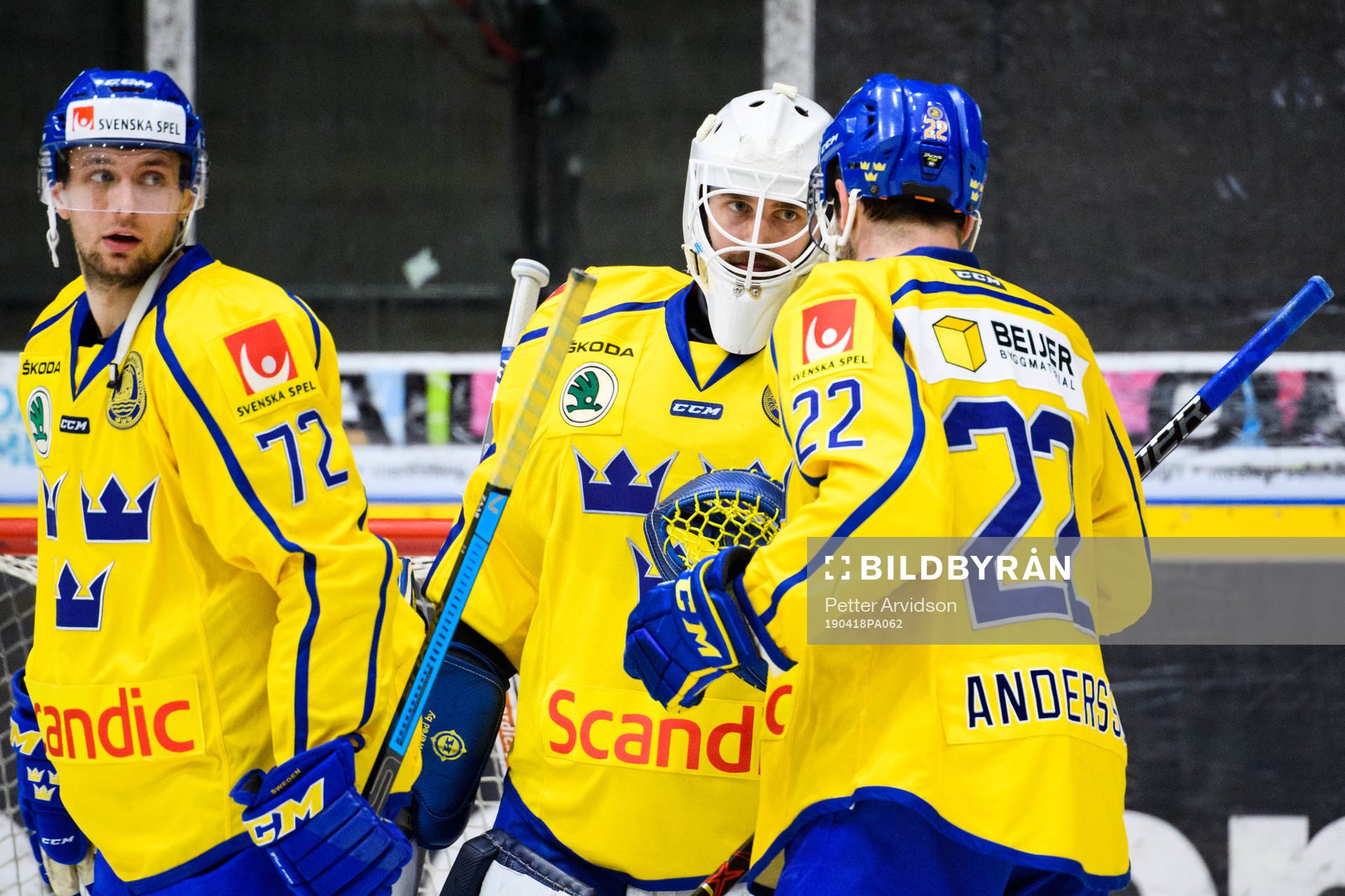 Goalkeeper Jhonas Enroth of Sweden celebrates with Daniel