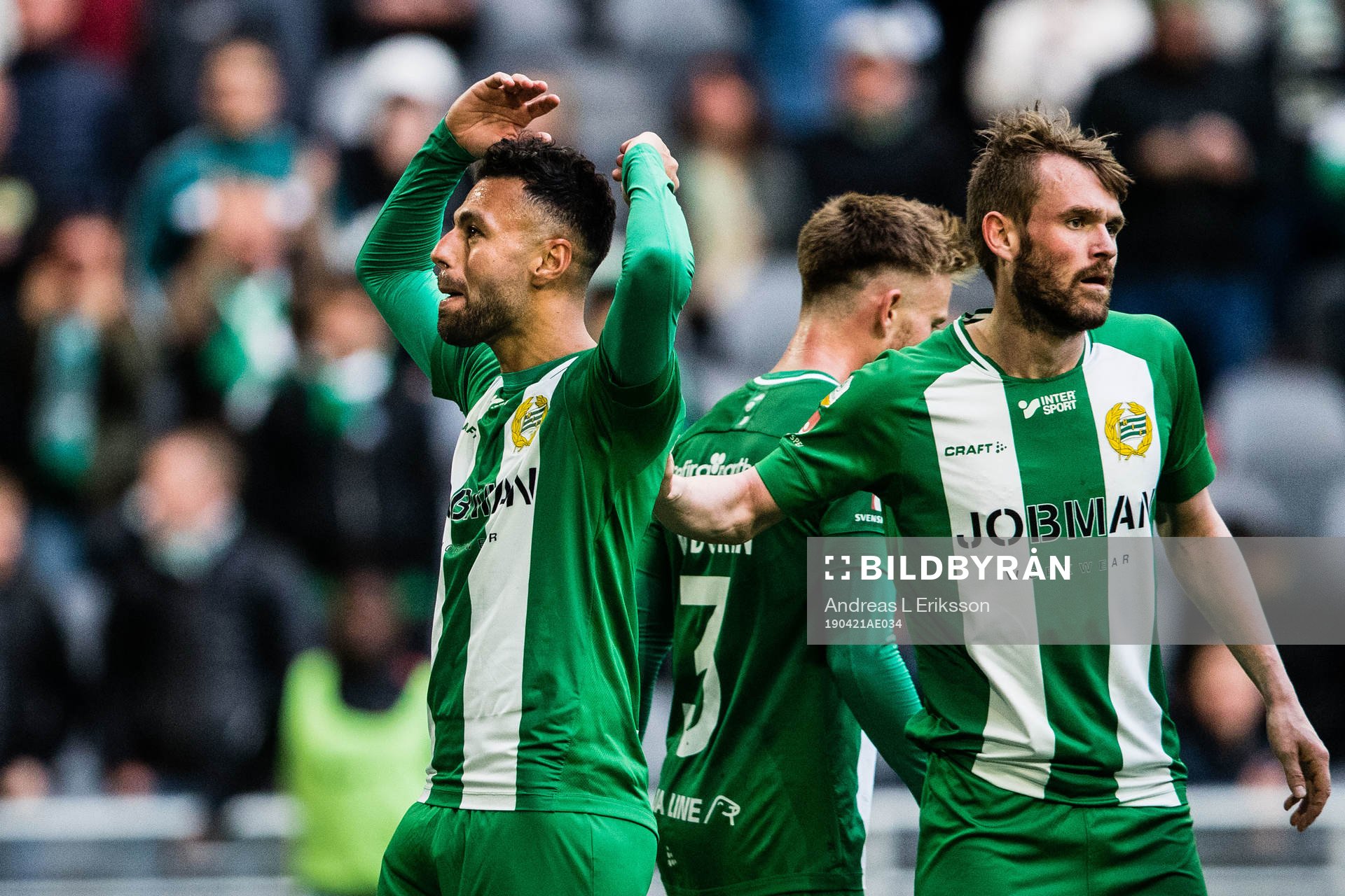 Hammarbys Imad Khalili jublar efter 3-0 under fotbollsmatchen i Allsvenskan mellan Hammarby och AFC Eskilstuna den 21 april 2019 i Stockholm.