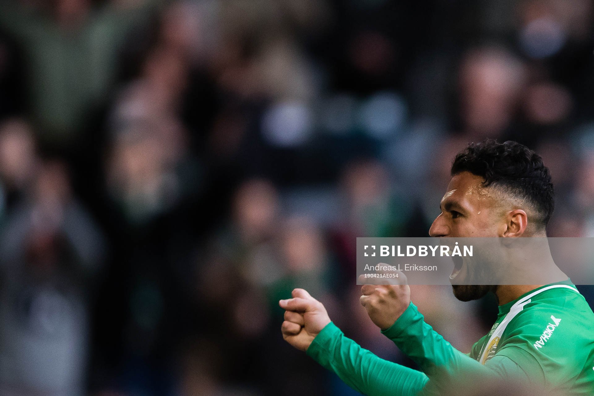 Hammarbys Imad Khalili jublar efter att ha gjort 3-0 för Hammarby under fotbollsmatchen i Allsvenskan mellan Hammarby och AFC Eskilstuna den 21 april 2019 i Stockholm.