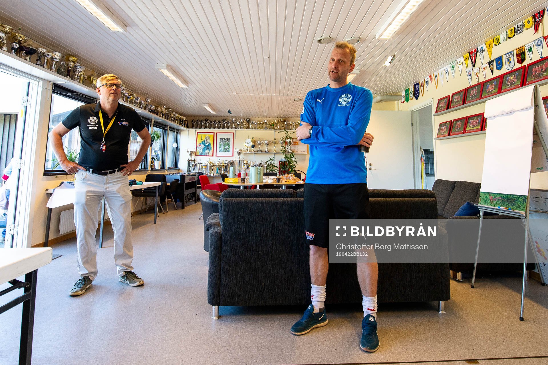 Borgebys tränare Patrik Persson under en pressträff inför fotbollsmatchen i Elitettan mellan Borgeby och Umeå IK den 22 april 2019 i Borgeby.