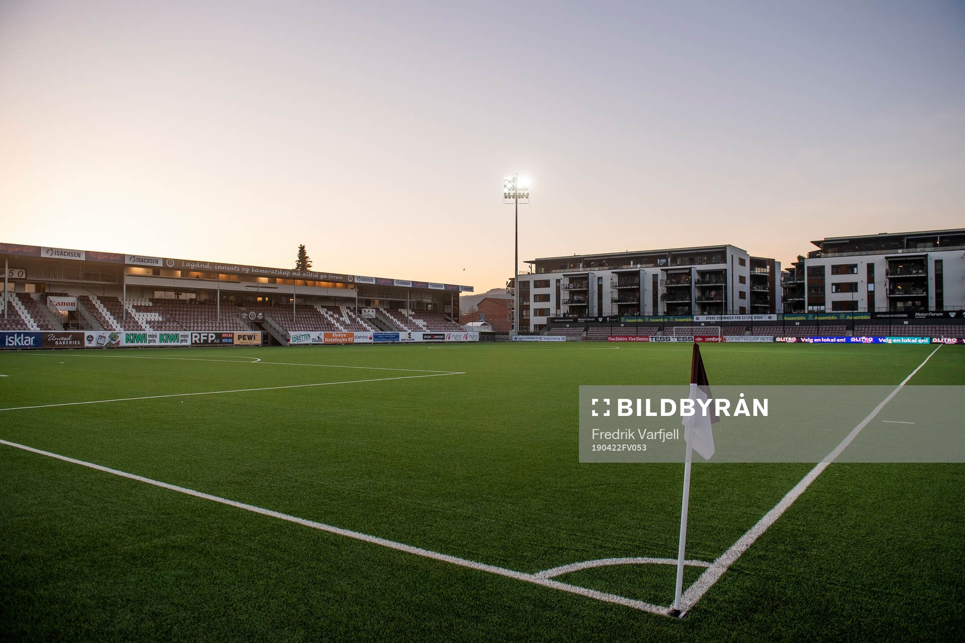 General view of Consto Arena after the Eliteserien match between Mjøndalen and Tromsø on April 22, 2019 in Mjøndalen. 