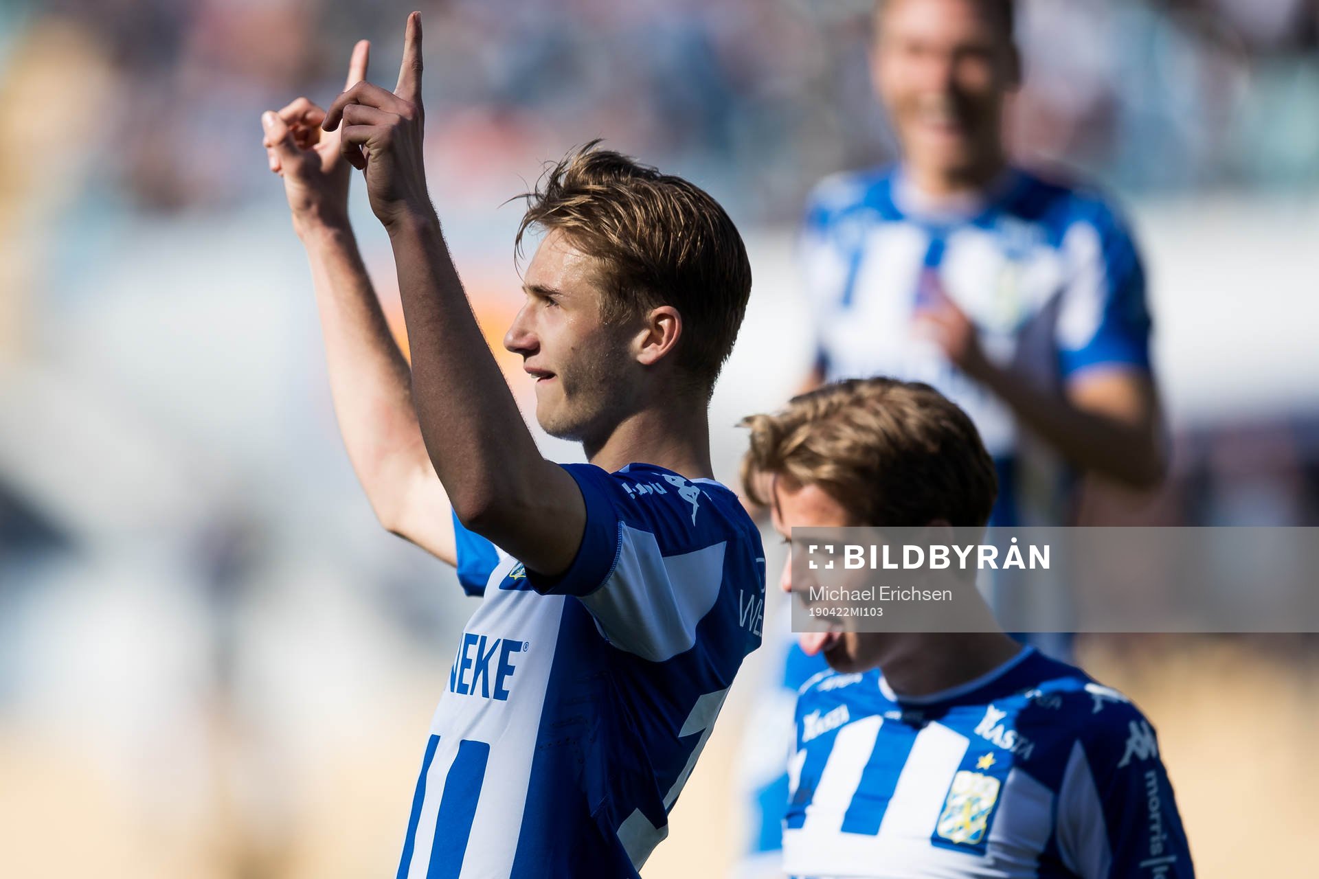 IFK Göteborgs Benjamin Nygren jublar efter 3-0 under fotbollsmatchen i allsvenskan mellan IFK Göteborg och Helsingborg den 22 april 2019 i Göteborg.