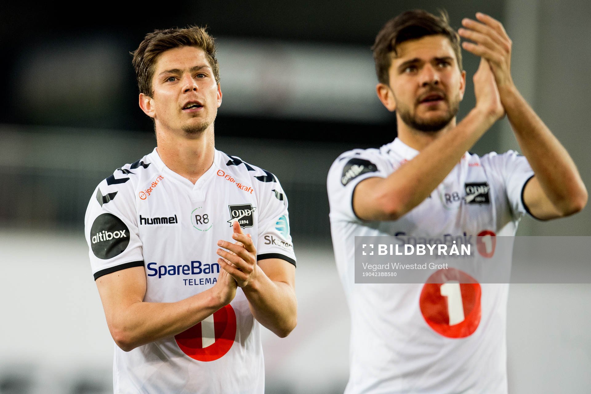 Torgeir Børven and Fredrik Oldrup Jensen of Odd after the Eliteserien football match between Odd and Viking on April 23, 2019 in Skien.