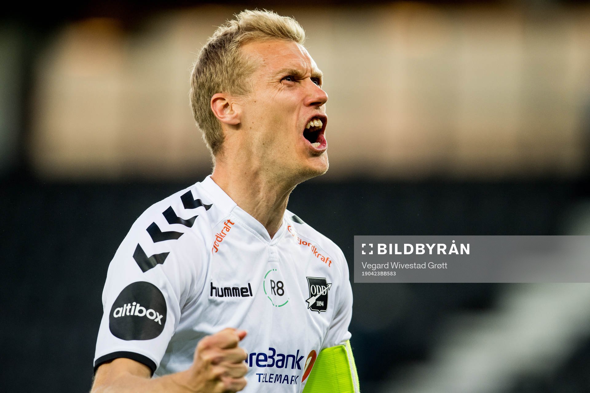 Steffen Hagen of Odd celebrates after the Eliteserien football match between Odd and Viking on April 23, 2019 in Skien.