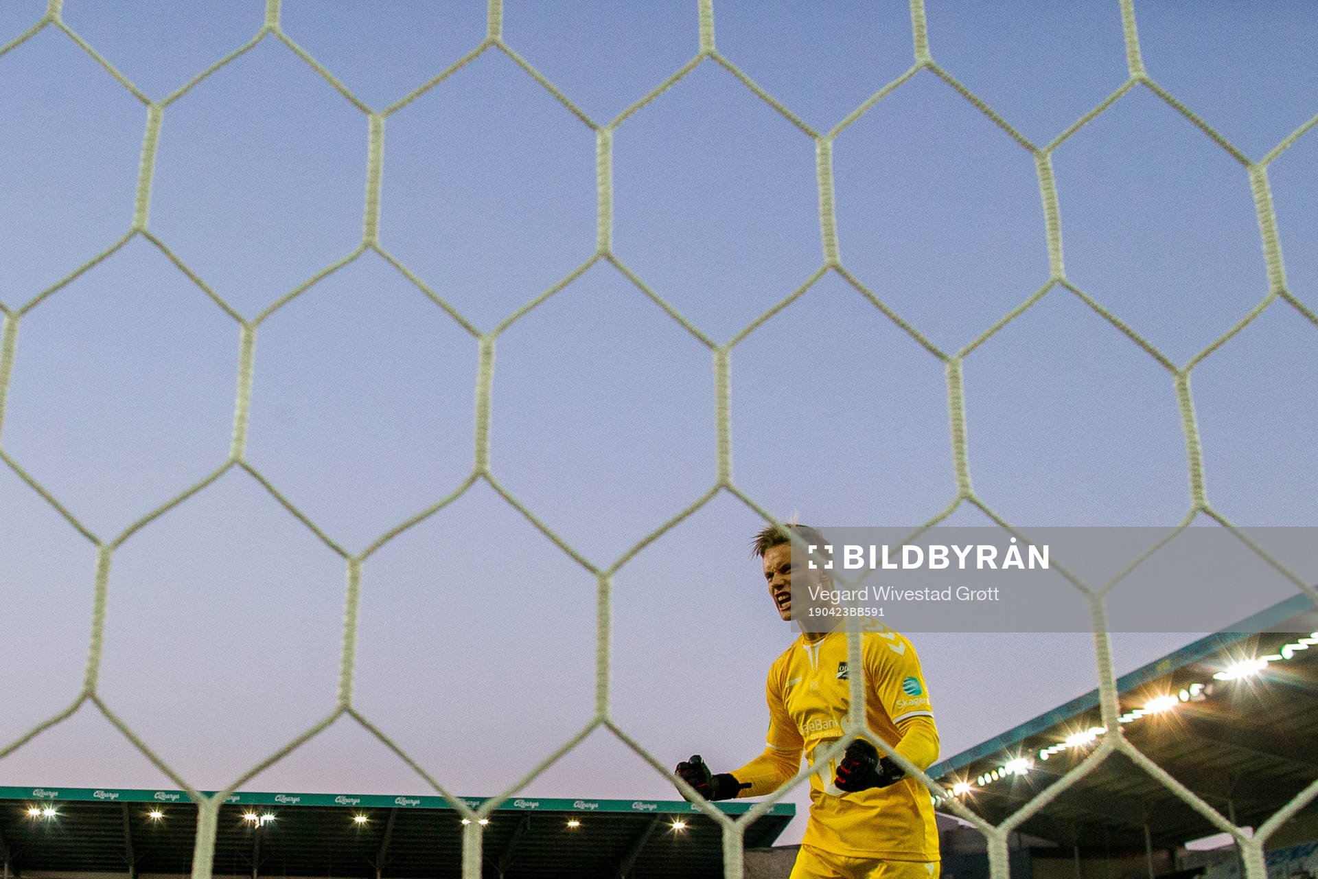 Goalkeeper Sondre Rossbach of Odd celebrates at the final whistle during the Eliteserien football match between Odd and Viking on April 23, 2019 in Skien.