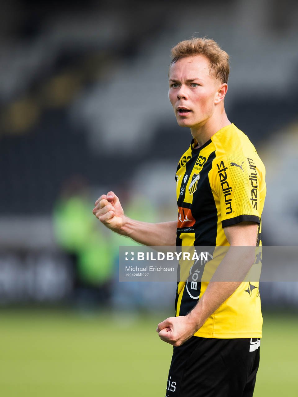 Häckens Adam Andersson jublar efter 1-0 under fotbollsmatchen i Allsvenskan mellan Häcken och AFC Eskilstuna den 28 april 2019 i Göteborg.