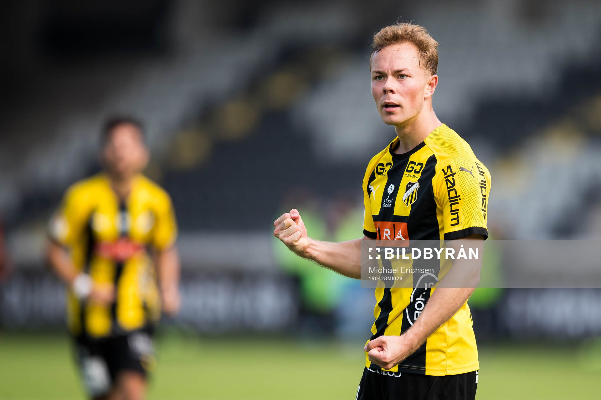 Häckens Adam Andersson jublar efter 1-0 under fotbollsmatchen i Allsvenskan mellan Häcken och AFC Eskilstuna den 28 april 2019 i Göteborg.