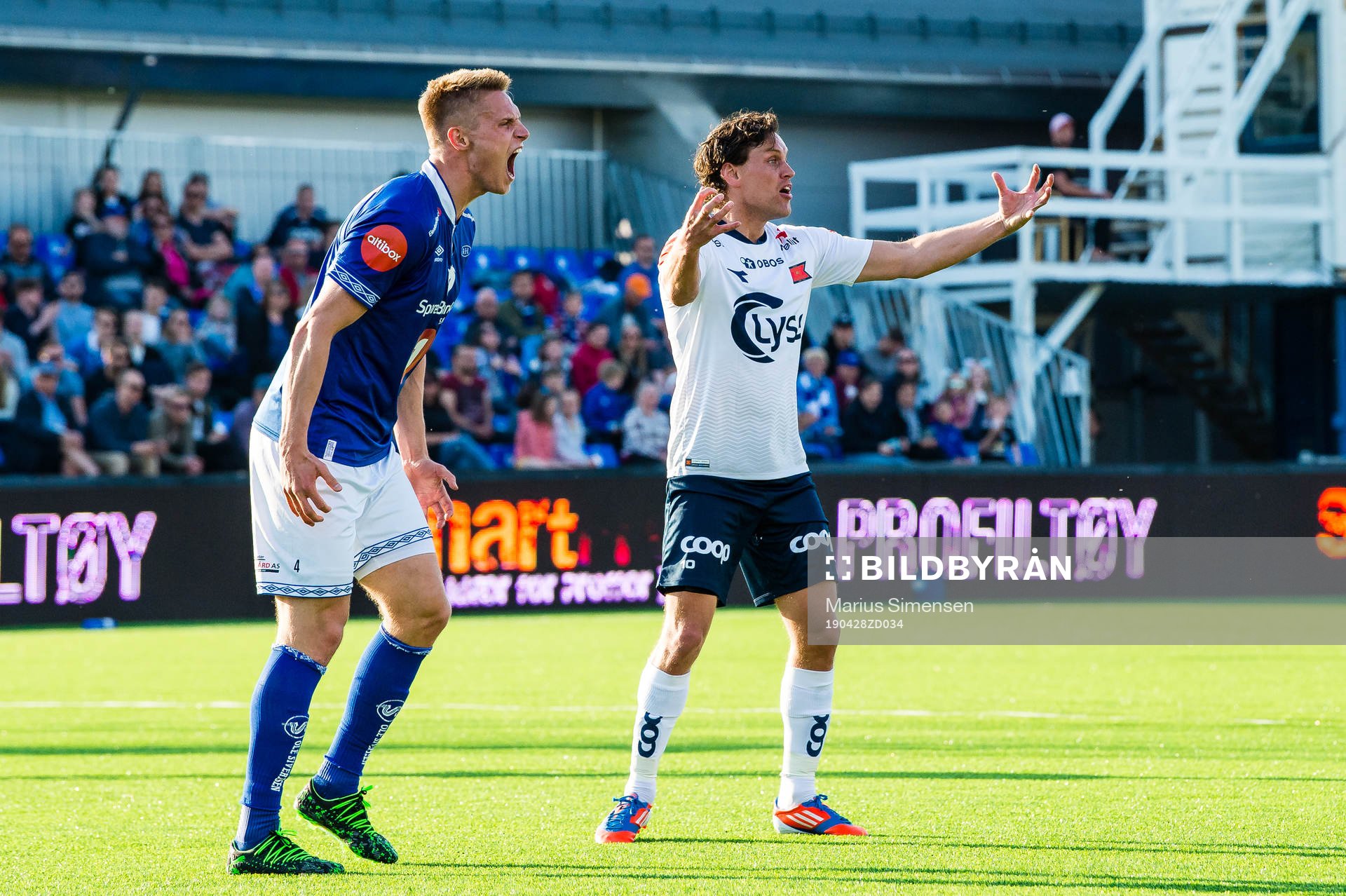 Ivar Erlien Furu of Ranheim and Tommy Høiland of Viking reacts during the Eliteserien match between Ranheim and Viking on April 28, 2019 in Trondheim.