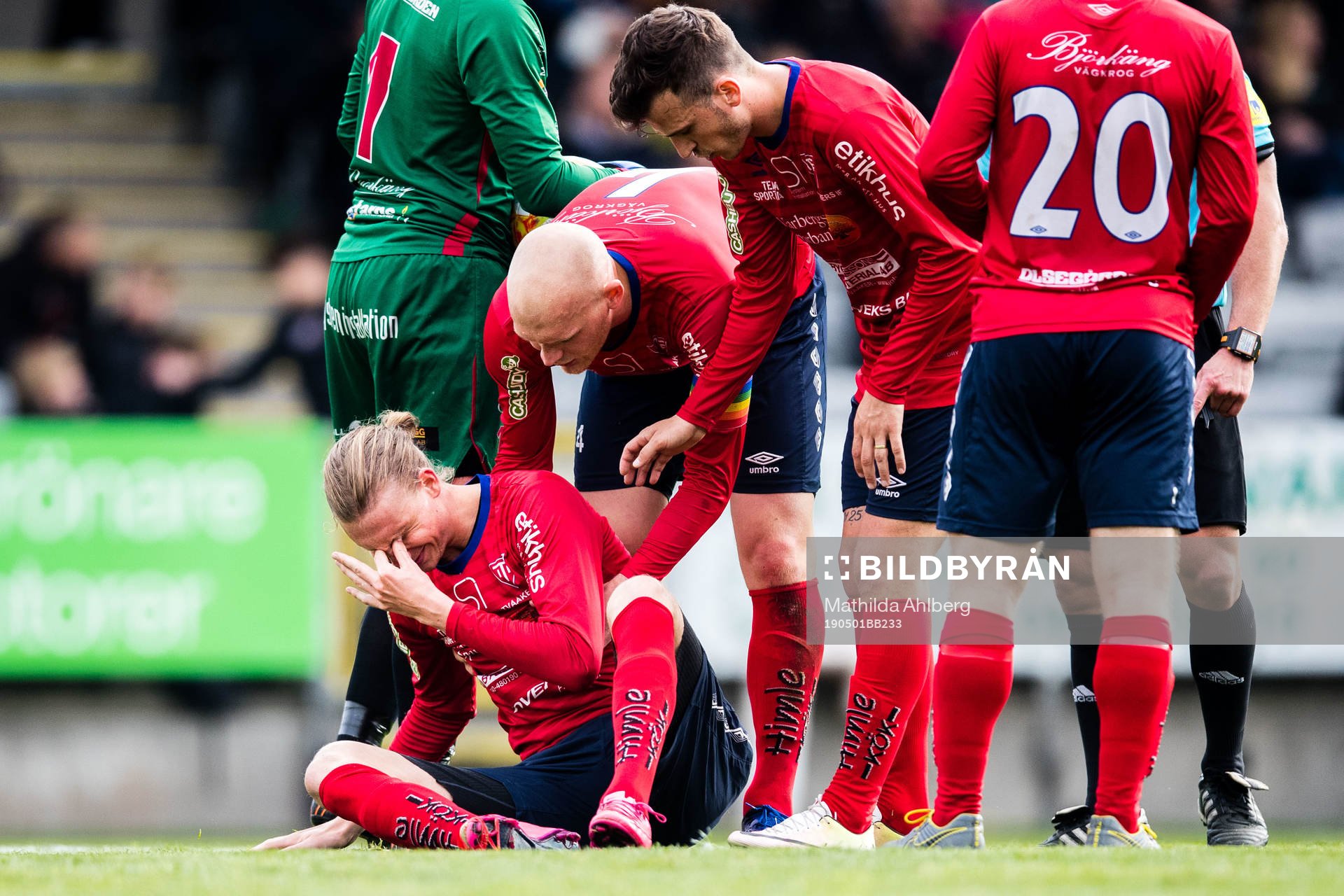 Tvååkers Eric Nilsson  under fotbollsmatchen i Division 1 Södra mellan Landskrona och Tvååker den 1 maj 2019 i Landskrona. 