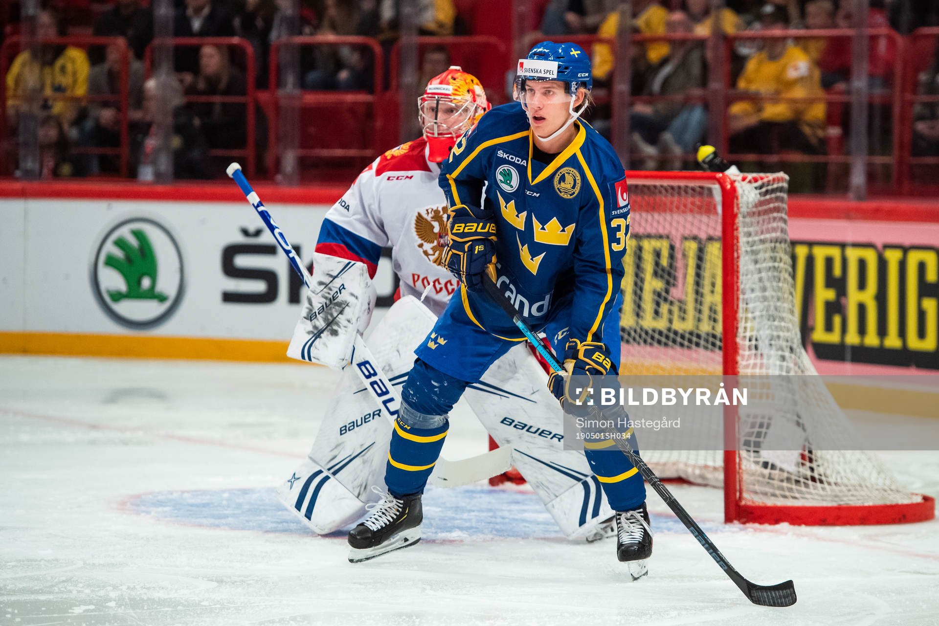 Goalkeeper Andrei Vasilevsky of Russia and Oskar Lindblom