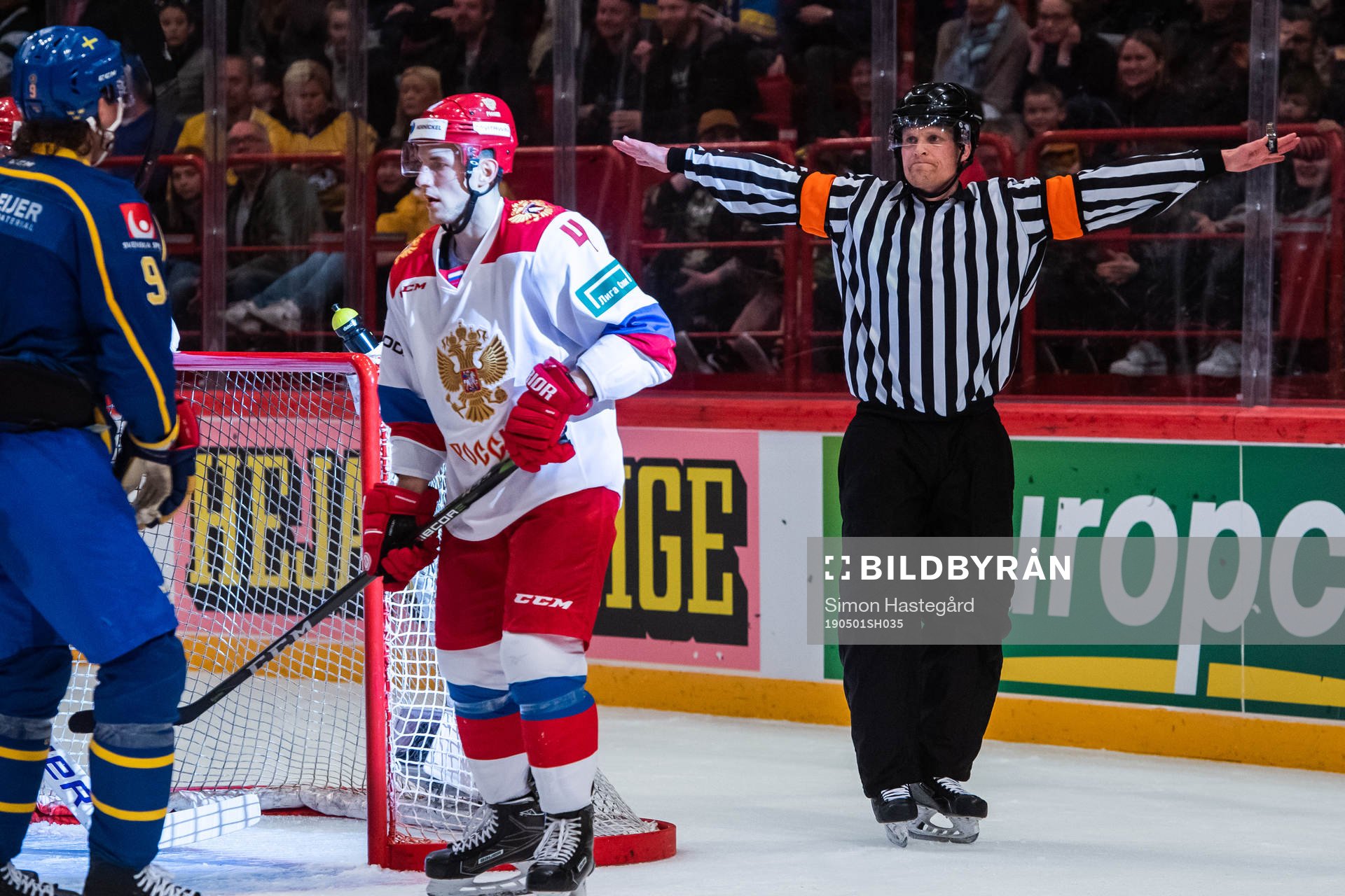A referee denies Sweden a goal due to high stick