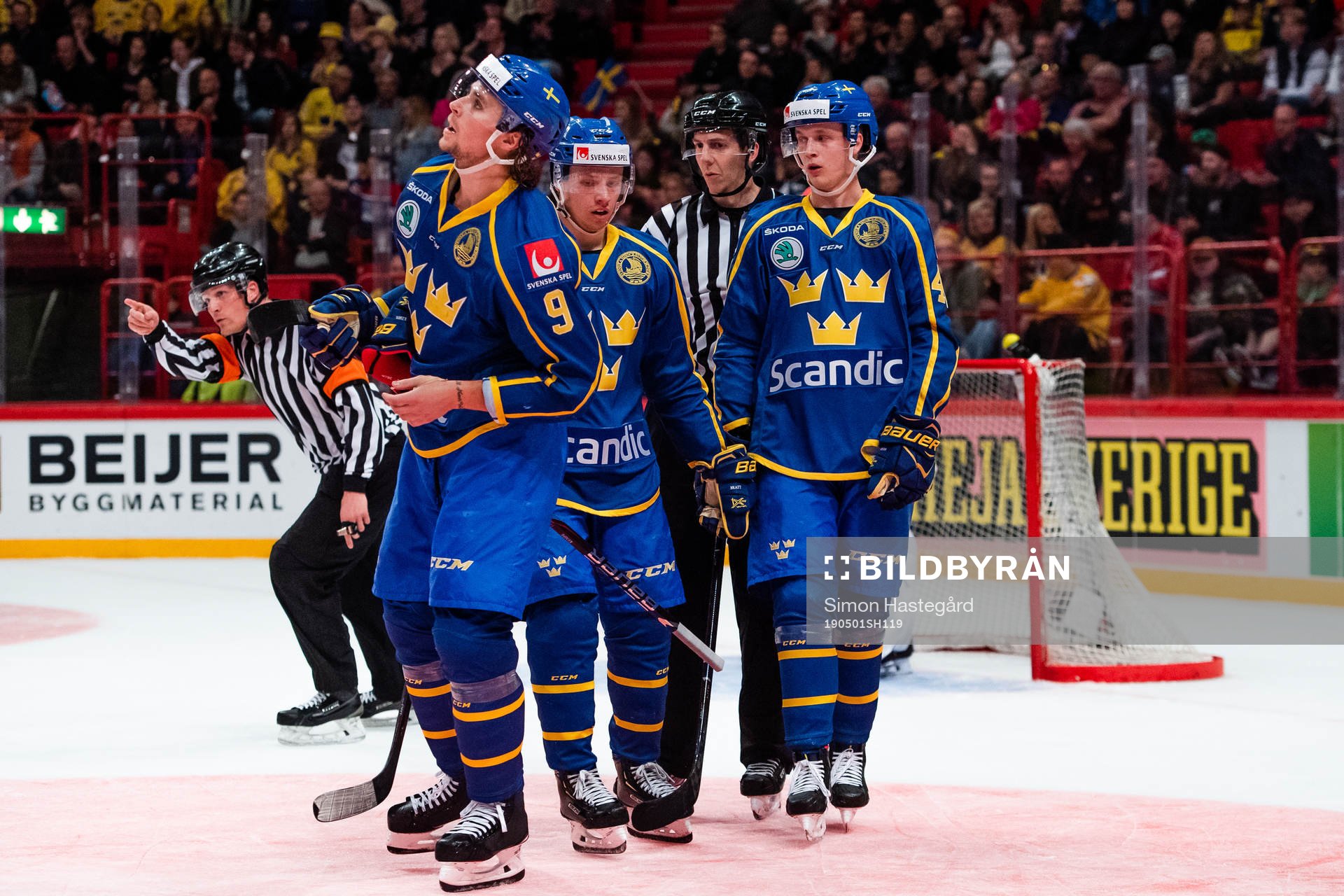Adrian Kempe , Jesper Bratt and Elias Pettersson of Sweden