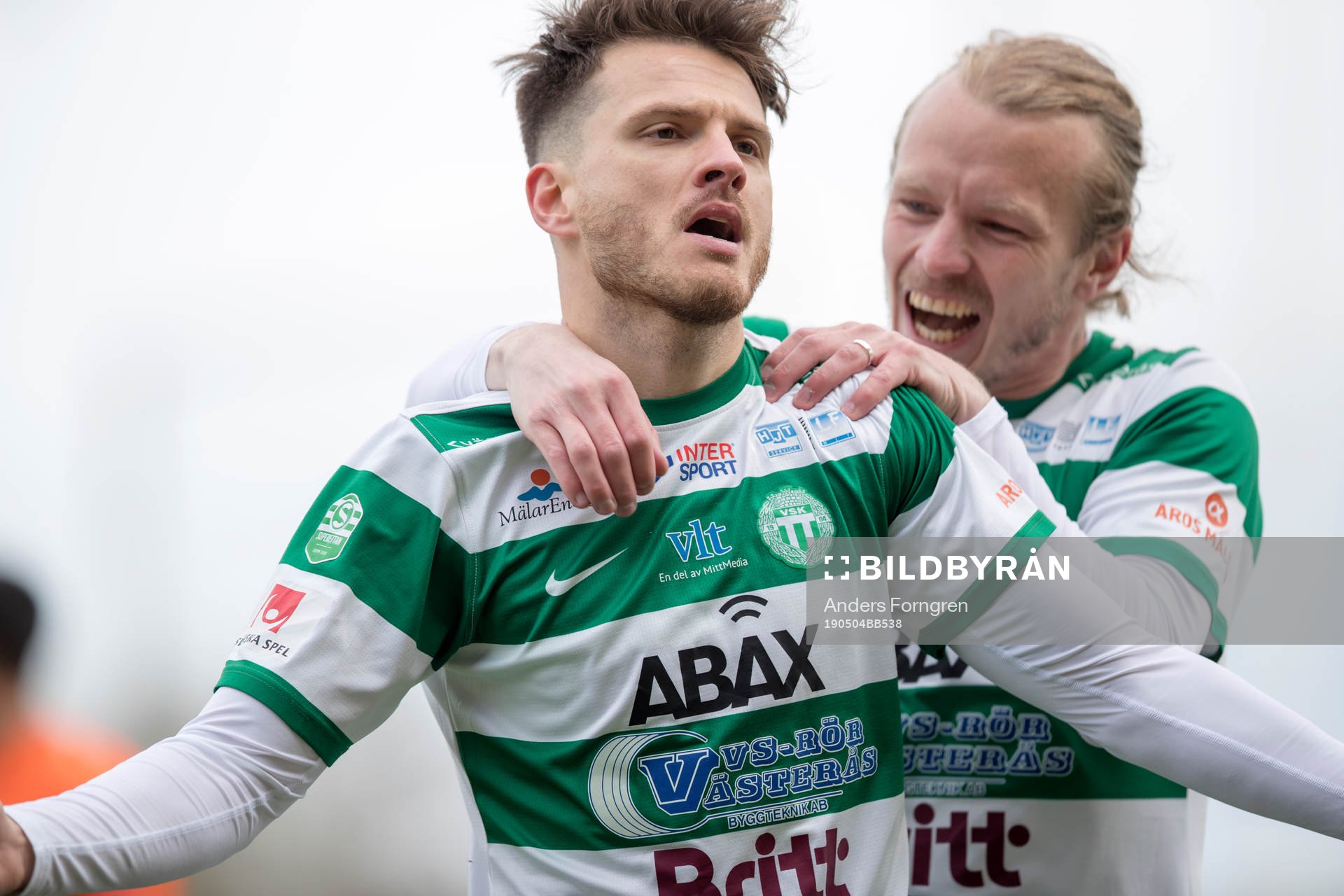 Västerås Boris Ljevar jublar efter 1-0 under fotbollsmatchen i Superettan mellan Västerås och Varberg den 4 maj 2019 i Västerås.
