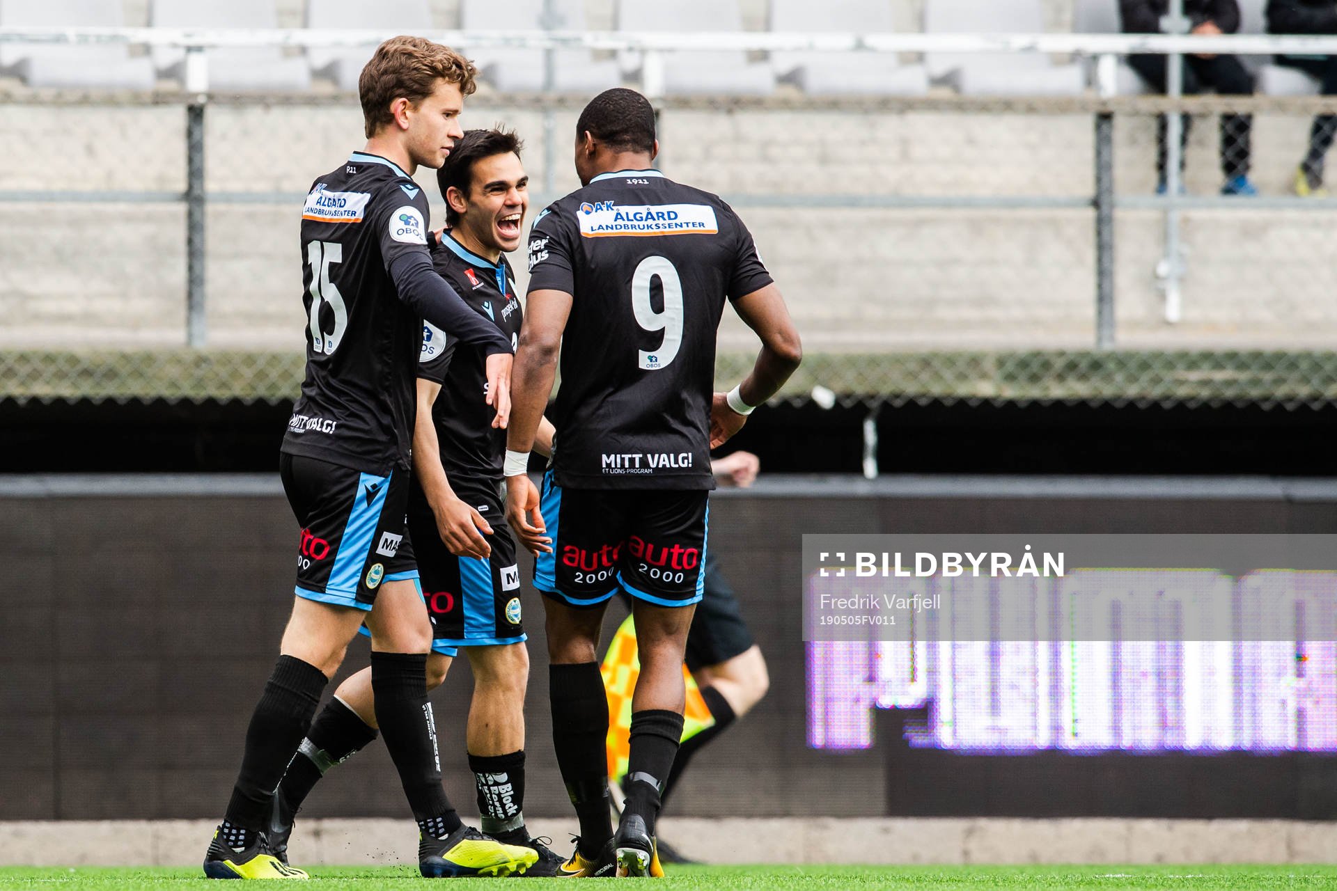 Simón Colina of Sandnes Ulf celebrates with teammates