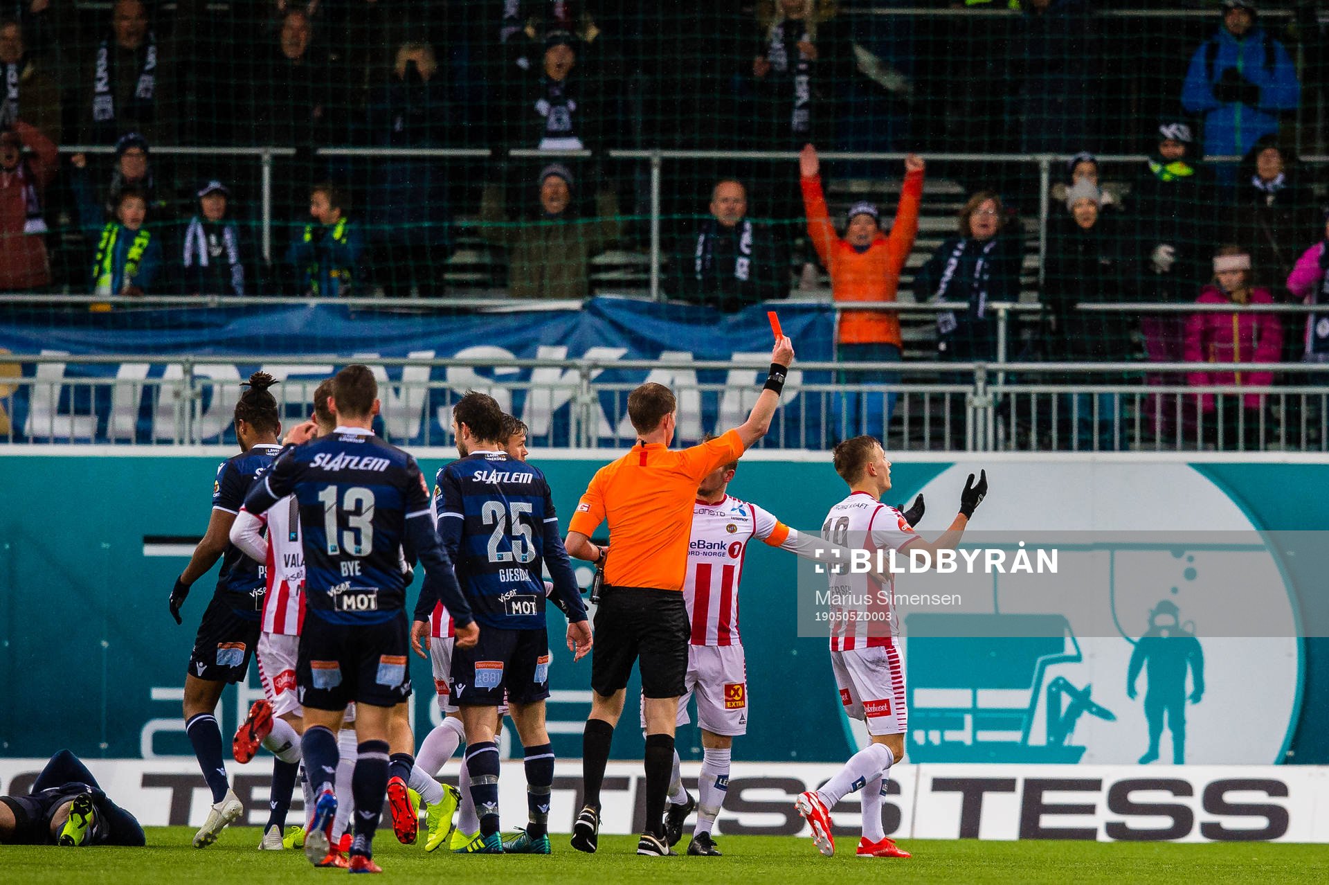 Marcus Holmgren Pedersen of Tromsø gets a red card during the Eliteserien match between Kristiansund and Tromsø on May 5, 2019 in Kristiansund.