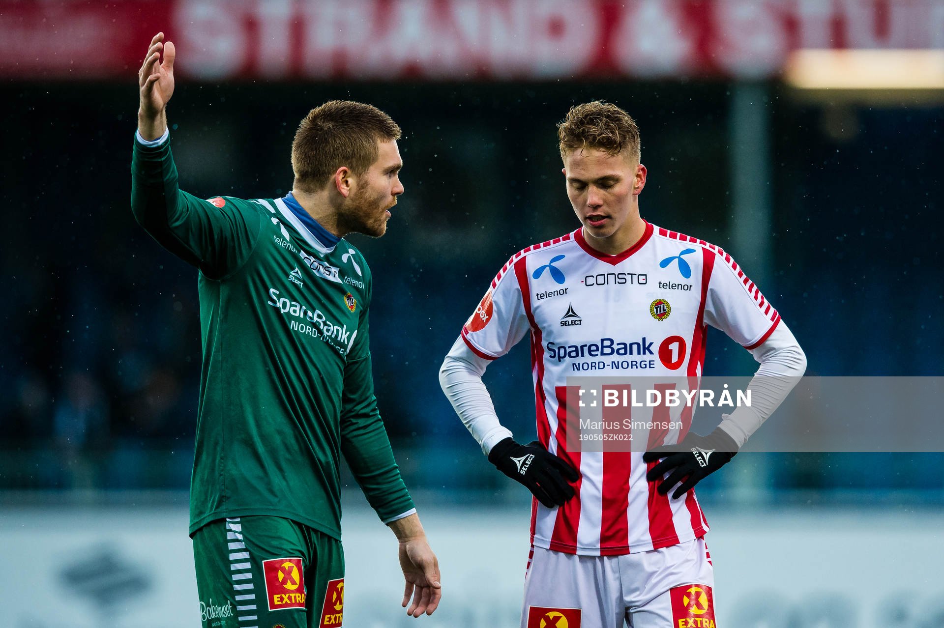 Gudmund Broks Kongshavn and Onni Johannes Simonpoika Valakari of Tromsø the Eliteserien match between Kristiansund and Tromsø on May 5, 2019 in Kristiansund.