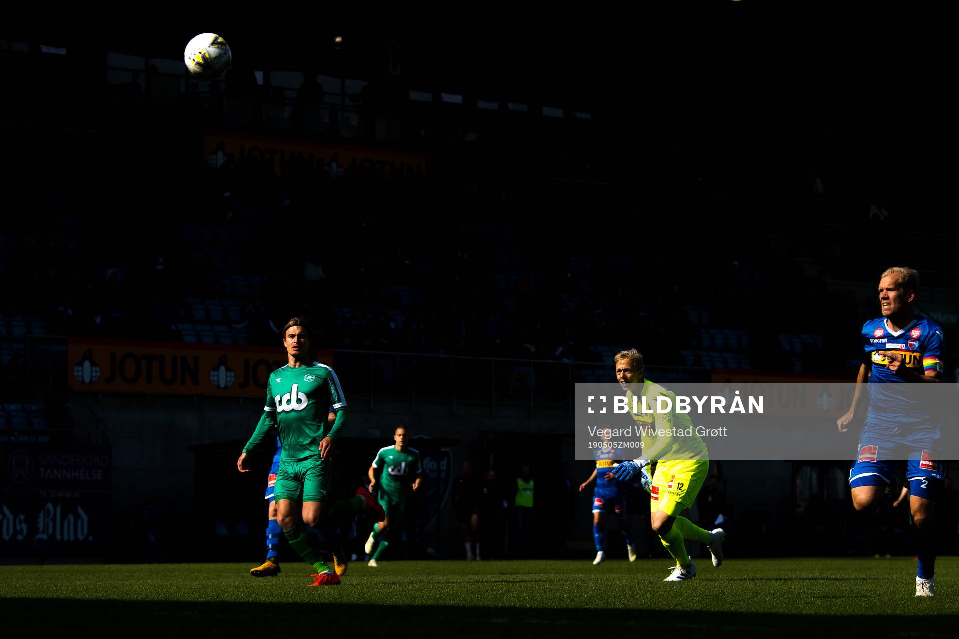 Marcus Mehnert of Nest-Sotra scores 1-1 behind goalkeeper Walter Viitala and Lars Grorud of Sandefjord during the OBOS-ligaen football match between Sandefjord and Nest-Sotra on May 5, 2019 in Sandefjord.