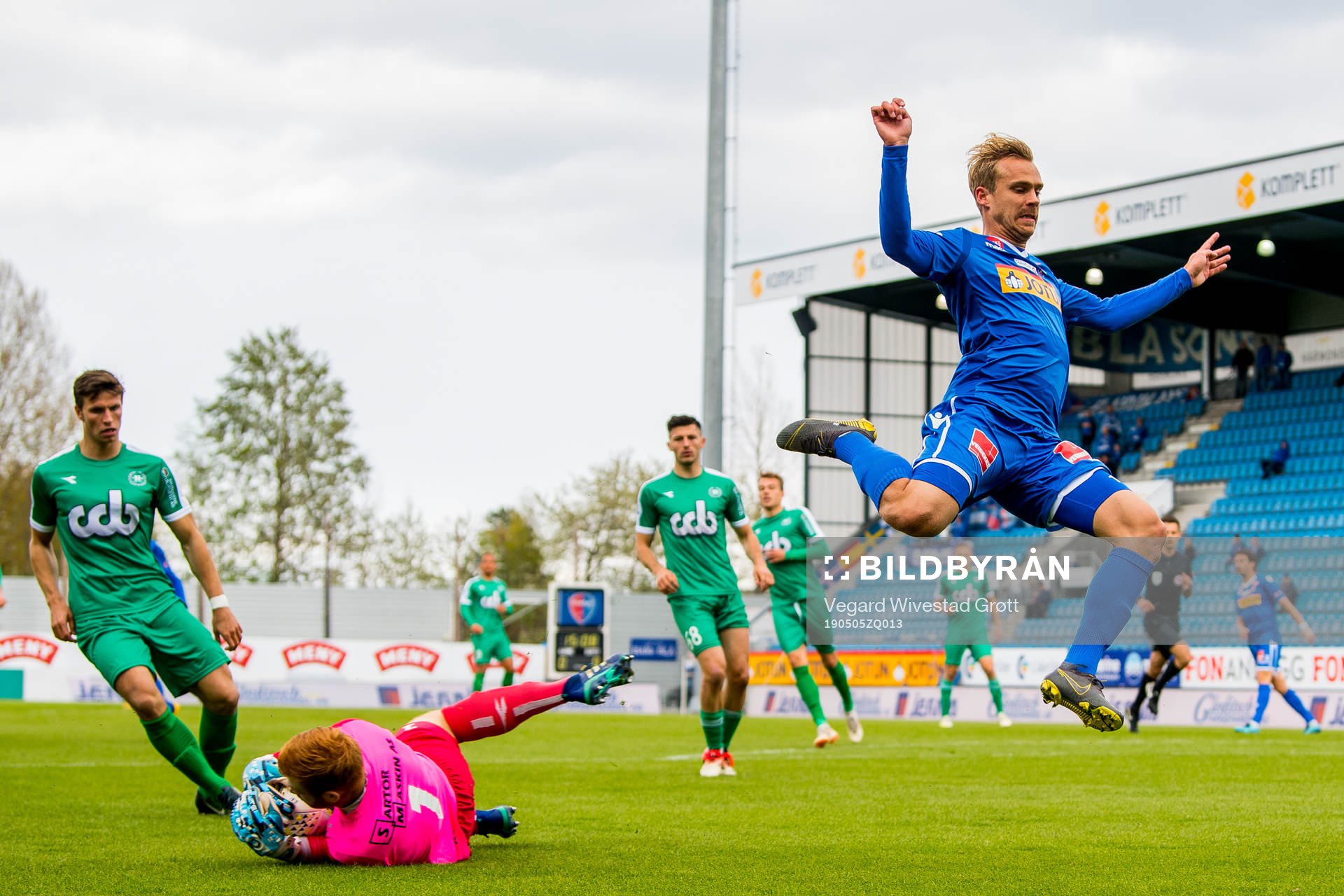 Goalkeeper Renze Jagger Fij of Nest-Sotra and Pontus Engblom of Sandefjord during the OBOS-ligaen football match between Sandefjord and Nest-Sotra on May 5, 2019 in Sandefjord.