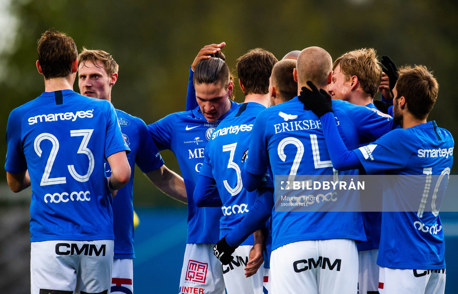 Trelleborgs spelare jublar efter 1-2 under fotbollsmatchen i Superettan mellan Frej och Trelleborg den 6 maj 2019 i Stockholm.