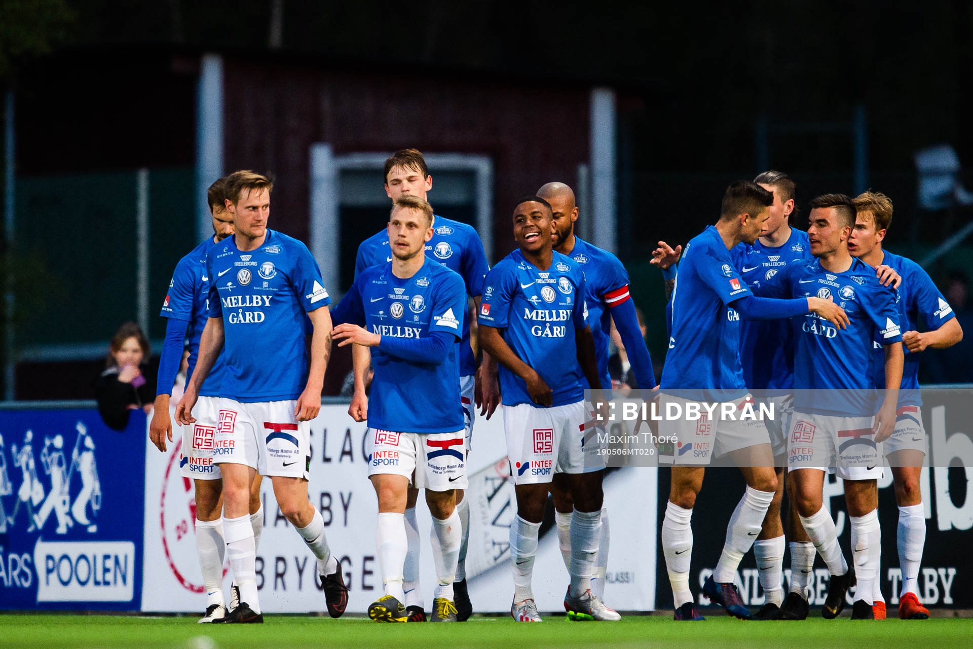 Trelleborgs spelare jublar efter 3-3 under fotbollsmatchen i Superettan mellan Frej och Trelleborg den 6 maj 2019 i Stockholm.