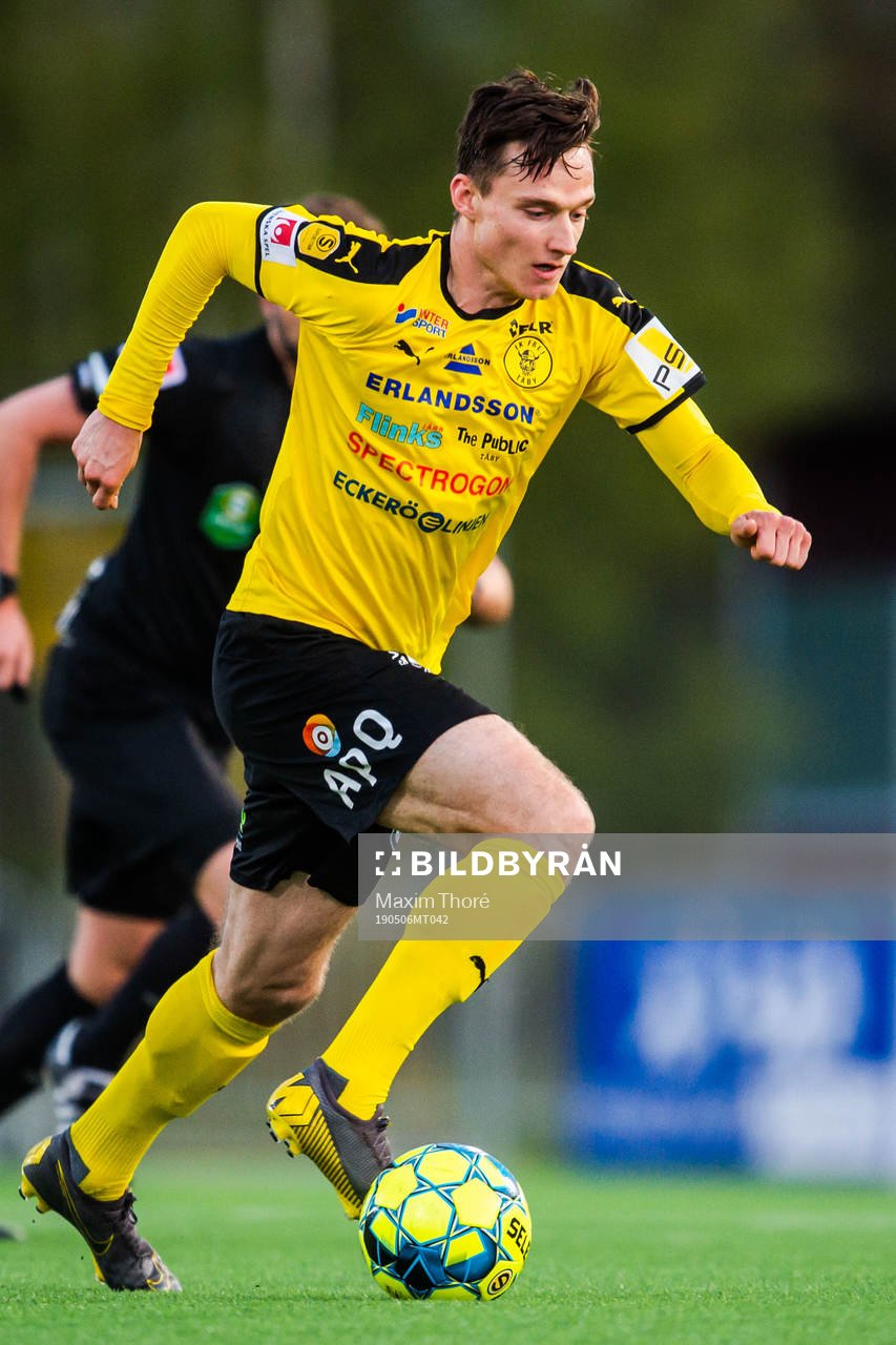 Frejs Mattias Bouvin under fotbollsmatchen i Superettan mellan Frej och Trelleborg den 6 maj 2019 i Stockholm.