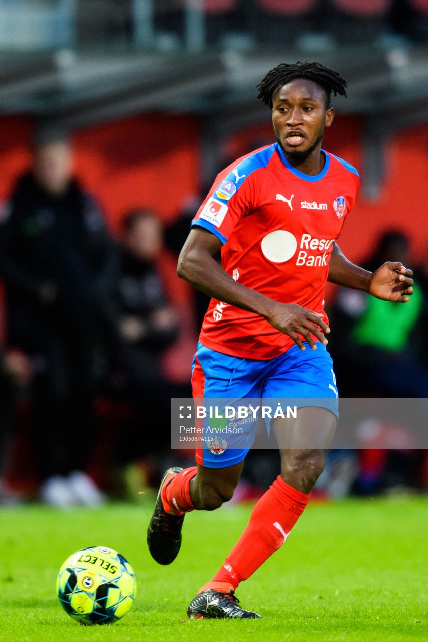 Helsingborgs Mamudu Moro under fotbollsmatchen i Allsvenskan mellan Helsingborg och Djurgården den 6 maj 2019 i Helsingborg.