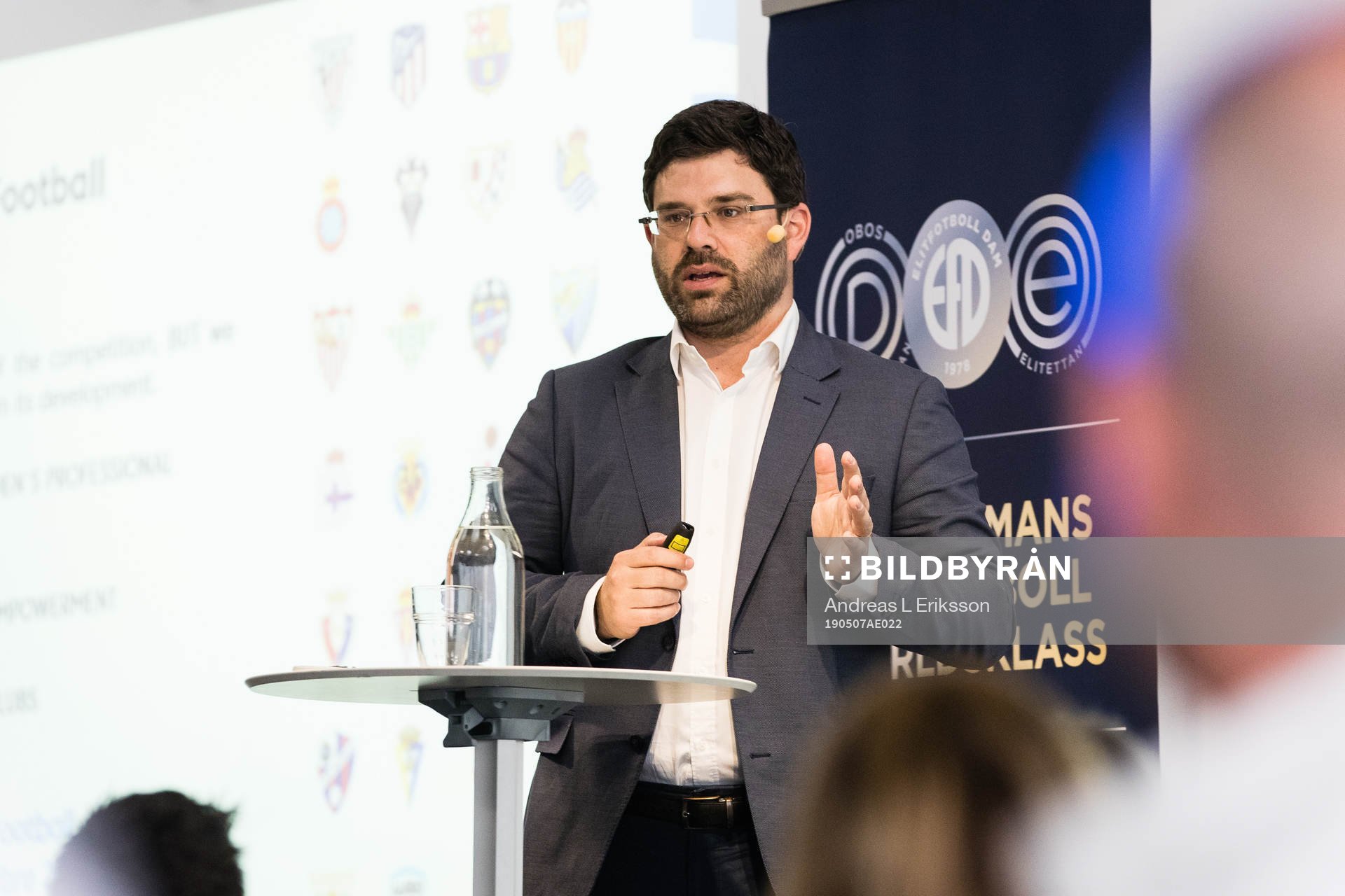 Pedro Malabia, director of women’s football at La Liga, under konferensen Avspark! Tillsammans för fotboll i världsklass anordnad av Elitfotboll Dam den 7 maj 2019 i Stockholm.