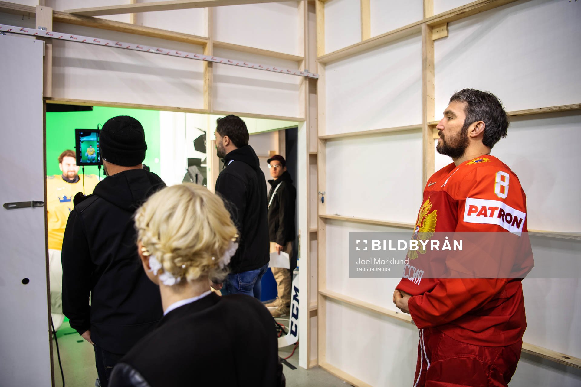 Alexander Ovechkin of Russia watches goaltender Jhonas